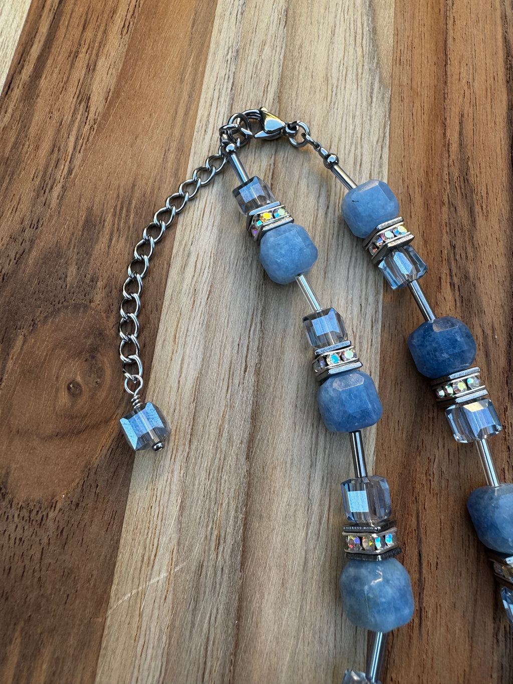 Sky Blue Candy Cube Quartz Necklace with Crystal Rondelles and Crystal Beads ~ Stainless Steel