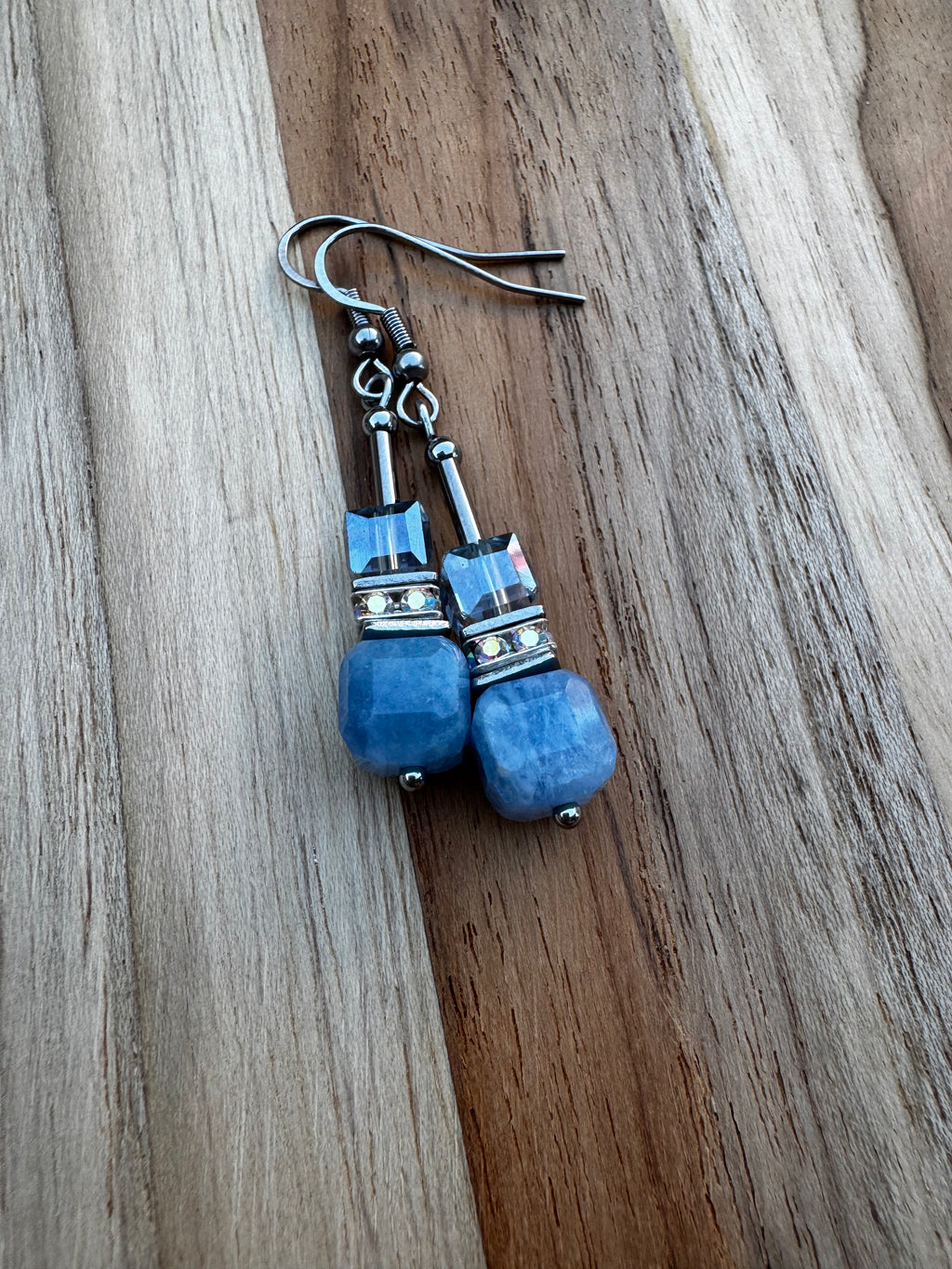 Blue Quartz Candy Cube Dangle Earrings ~ Stainless steel