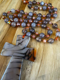 26” Long Carved Agate Cross Necklace with Grey Agate and Peach Strawberry Quartz Beads