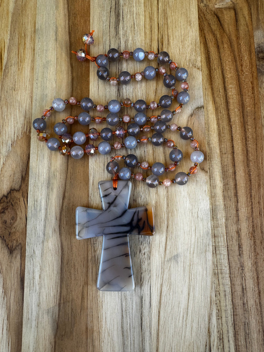 26” Long Carved Agate Cross Necklace with Grey Agate and Peach Strawberry Quartz Beads