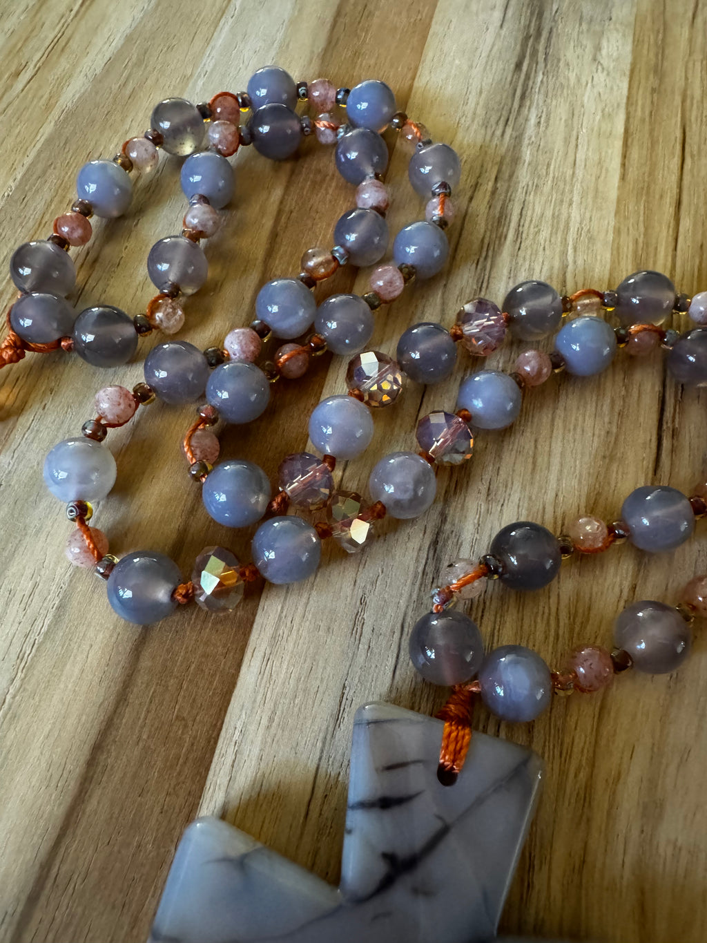 26” Long Carved Agate Cross Necklace with Grey Agate and Peach Strawberry Quartz Beads