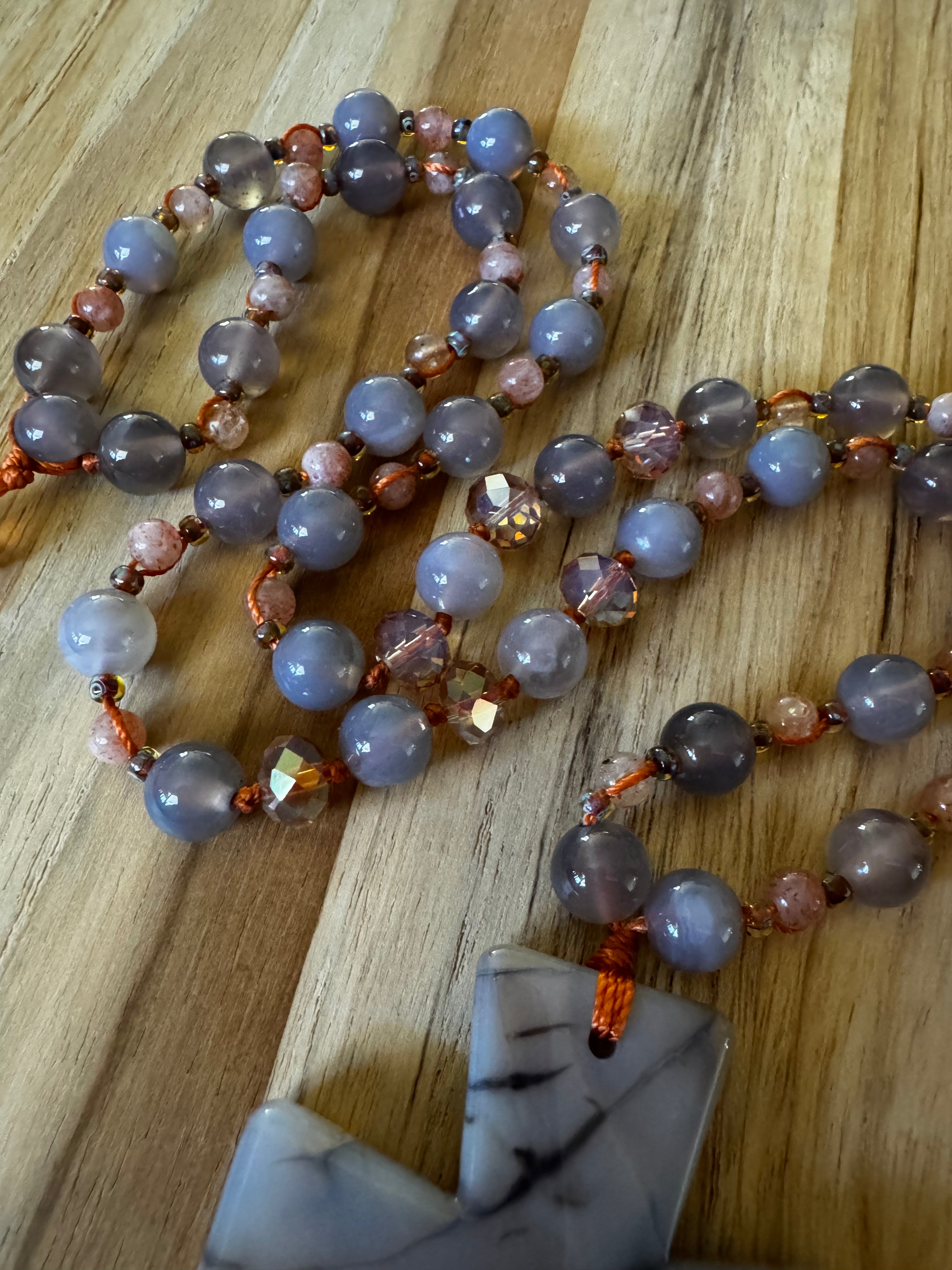 26” Long Carved Agate Cross Necklace with Grey Agate and Peach Strawberry Quartz Beads