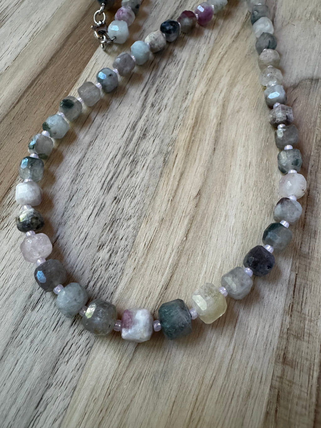 19” Simplistic Necklace with Pink Tourmaline/Lepidolite faceted Cube Beads