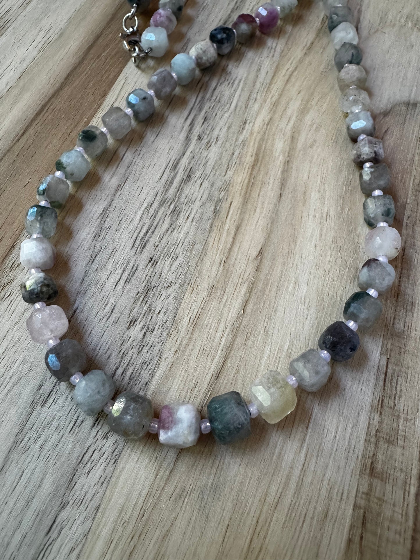 19” Simplistic Necklace with Pink Tourmaline/Lepidolite faceted Cube Beads