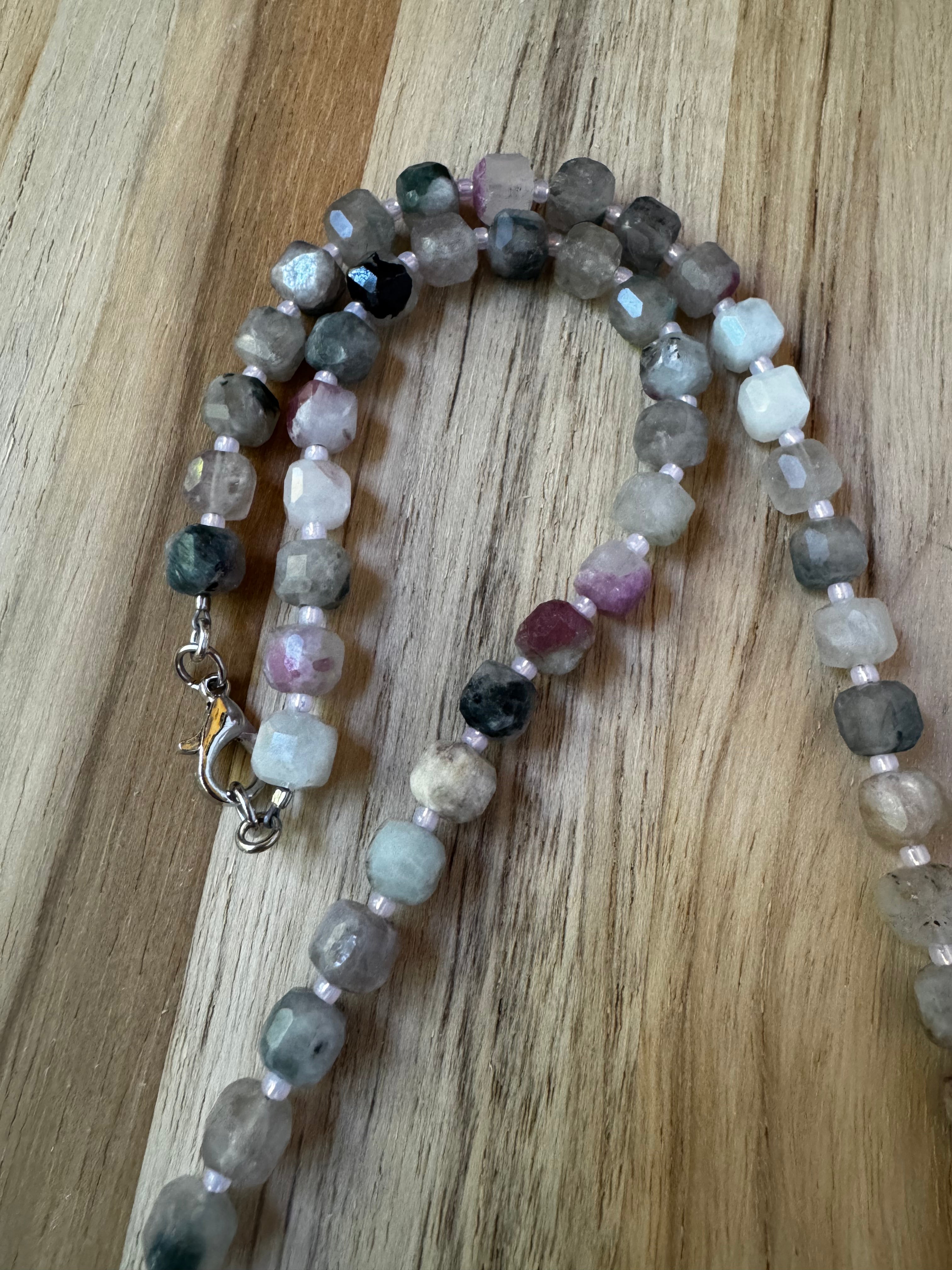 19” Simplistic Necklace with Pink Tourmaline/Lepidolite faceted Cube Beads