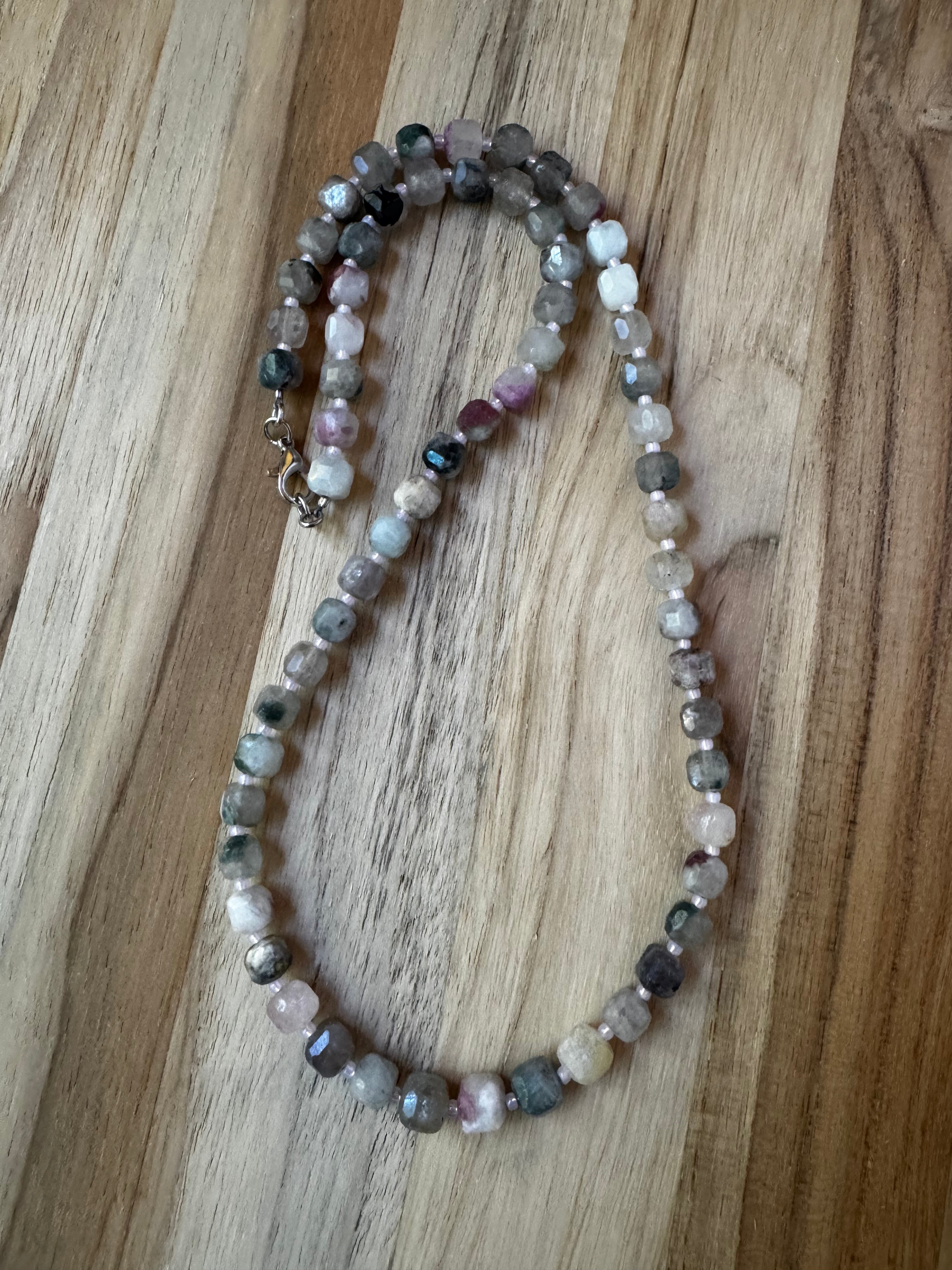 19” Simplistic Necklace with Pink Tourmaline/Lepidolite faceted Cube Beads
