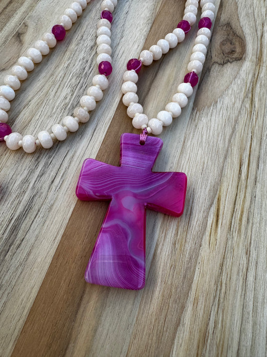 26 inch Pink Agate Cross Beaded Necklace with Ivory Jade and Agate Beads