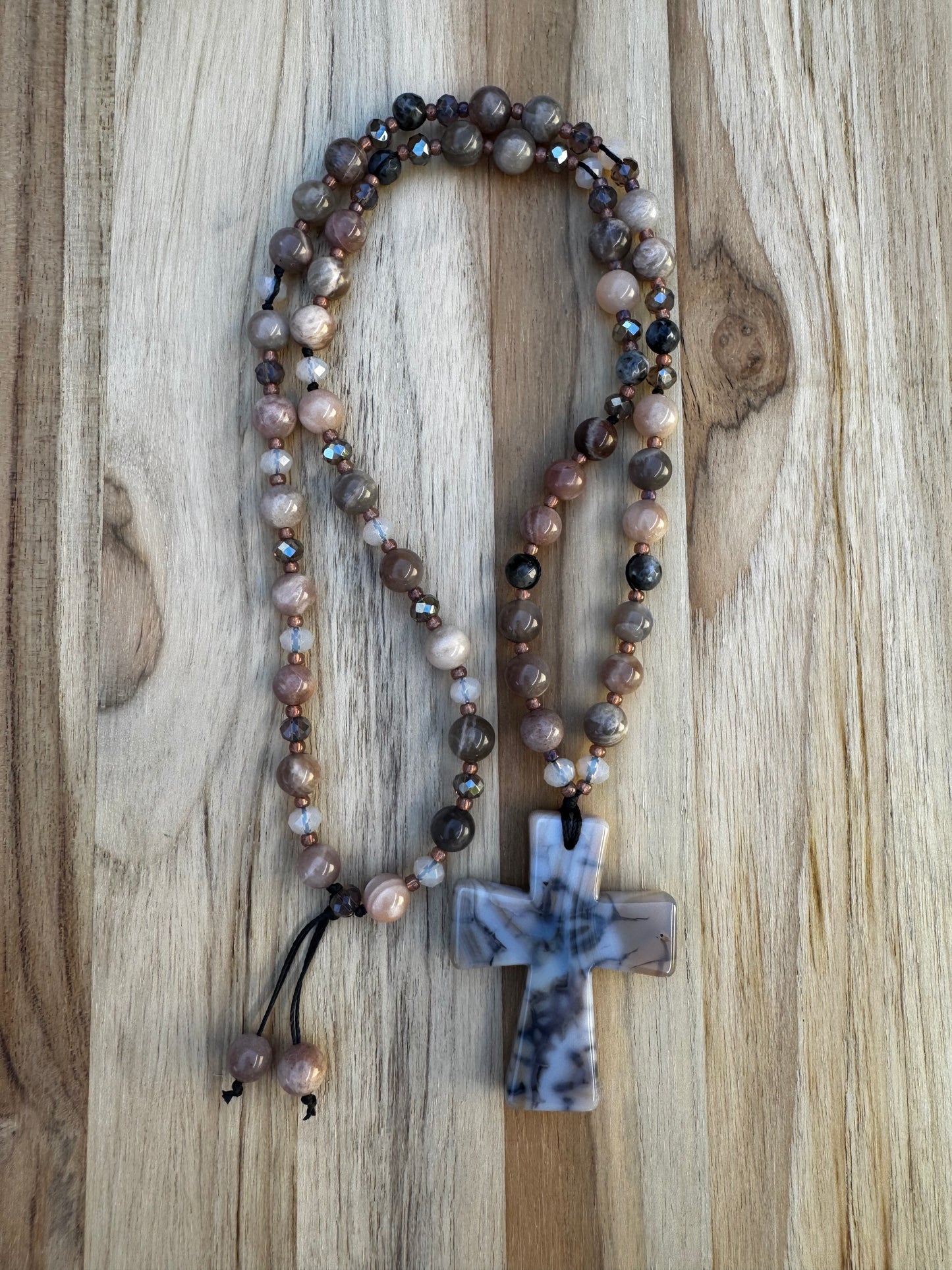 26” Long Beaded Necklace with Agate Cross and Multi-Colored Moonstone Beads