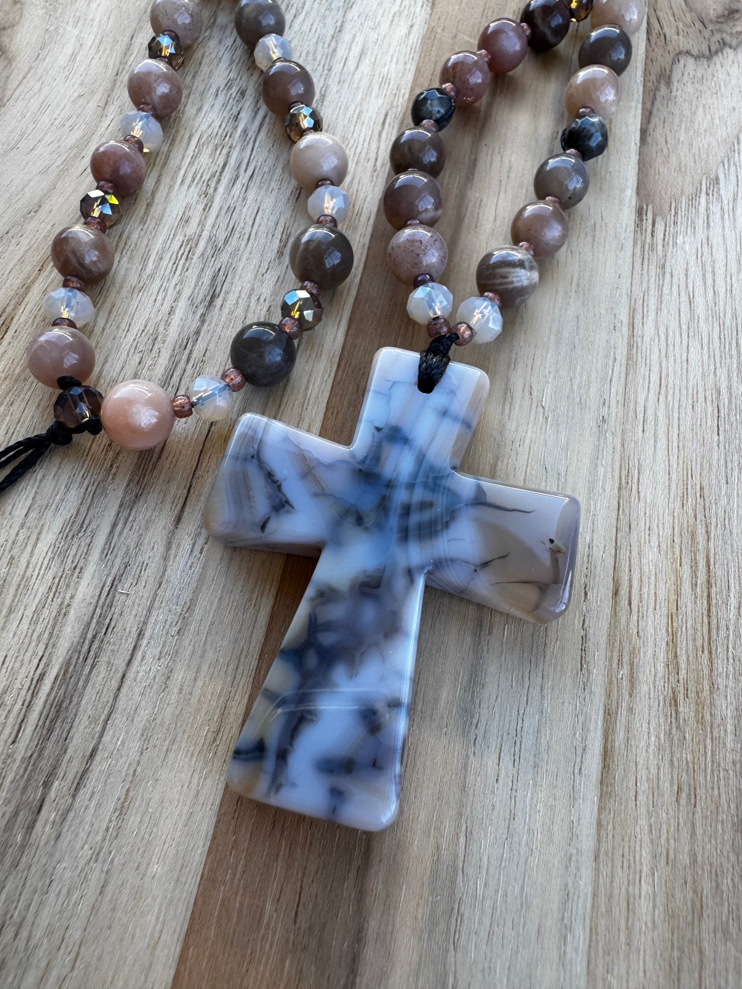 26” Long Beaded Necklace with Agate Cross and Multi-Colored Moonstone Beads