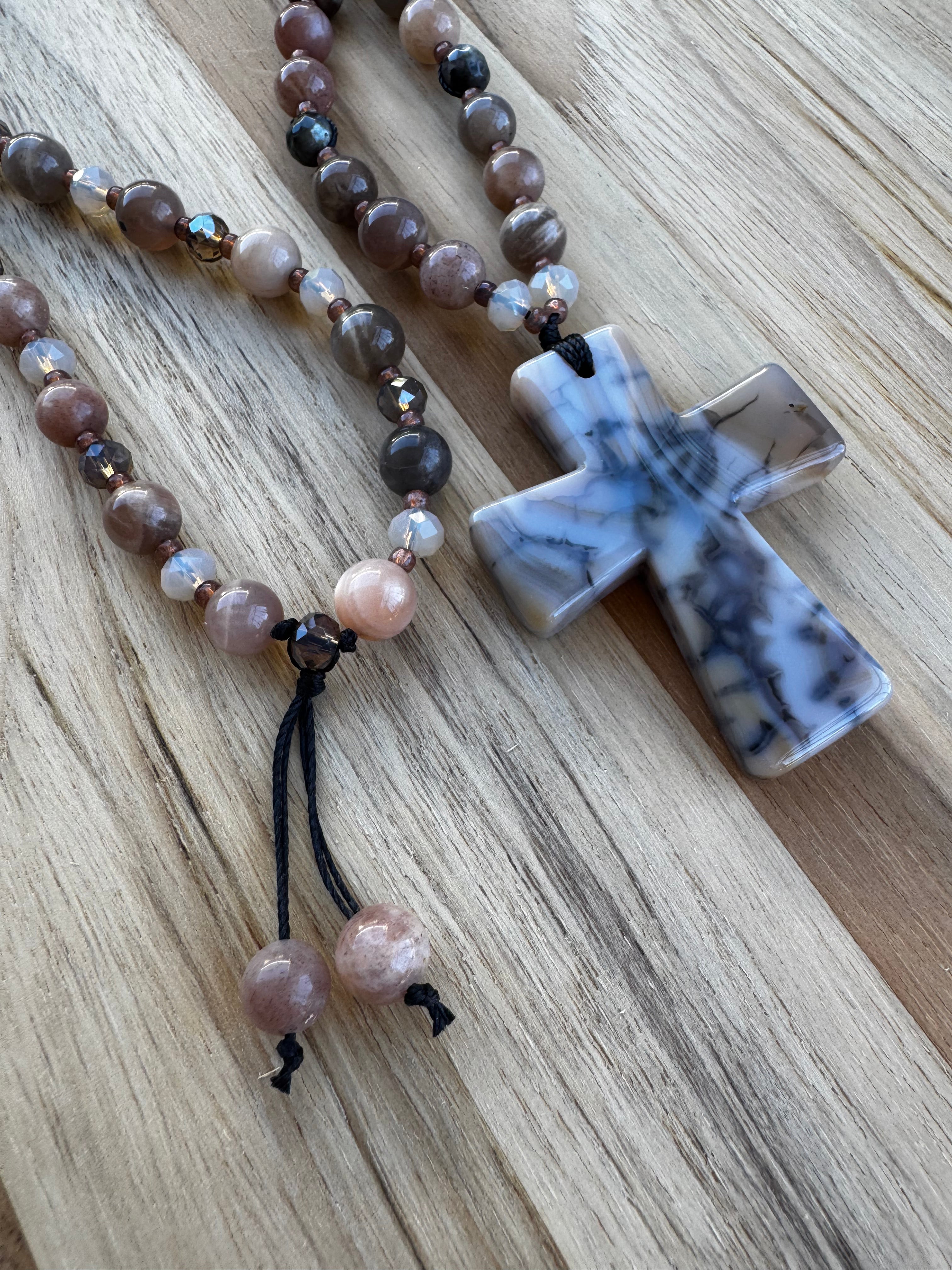 26” Long Beaded Necklace with Agate Cross and Multi-Colored Moonstone Beads