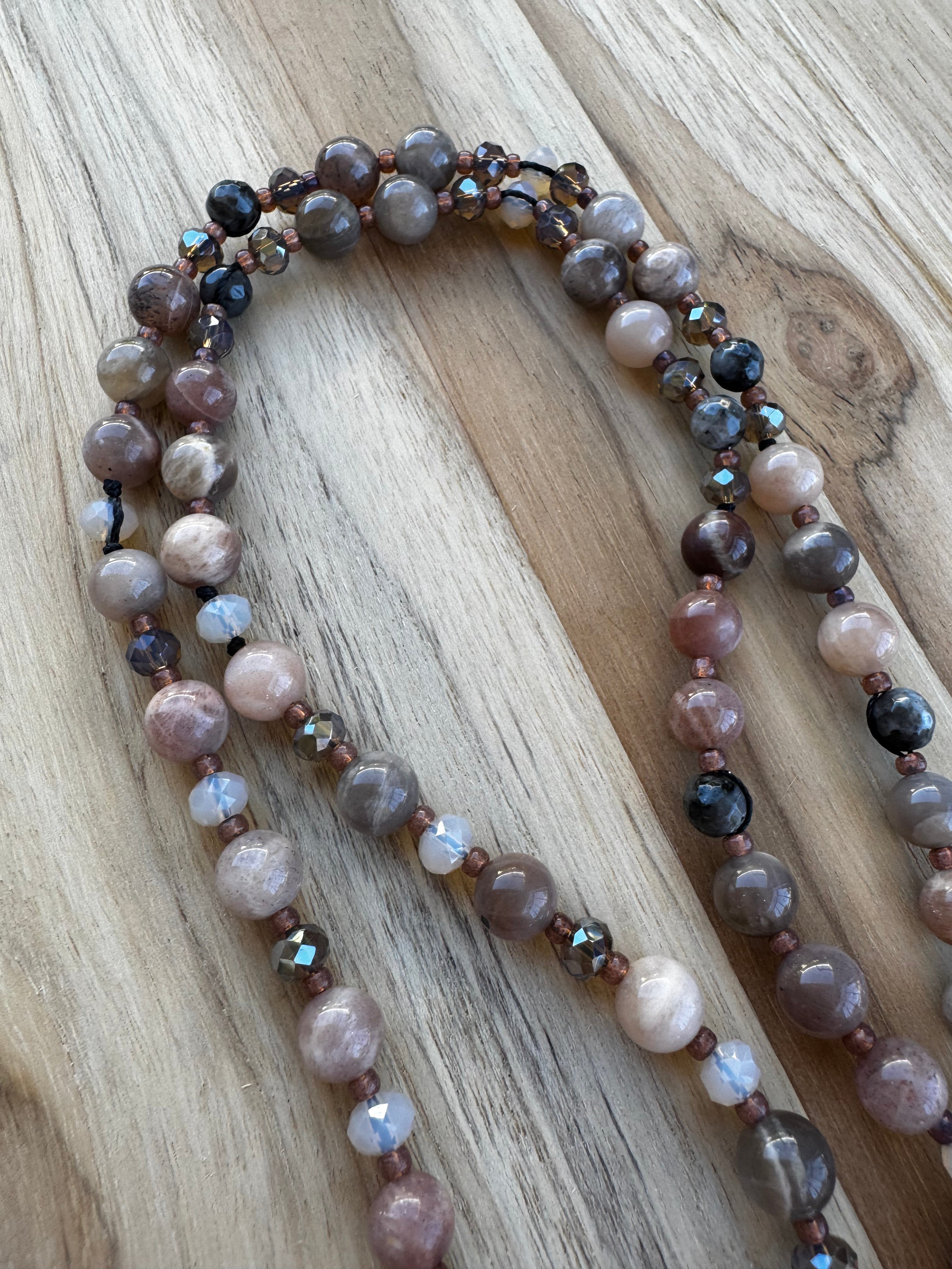 26” Long Beaded Necklace with Agate Cross and Multi-Colored Moonstone Beads