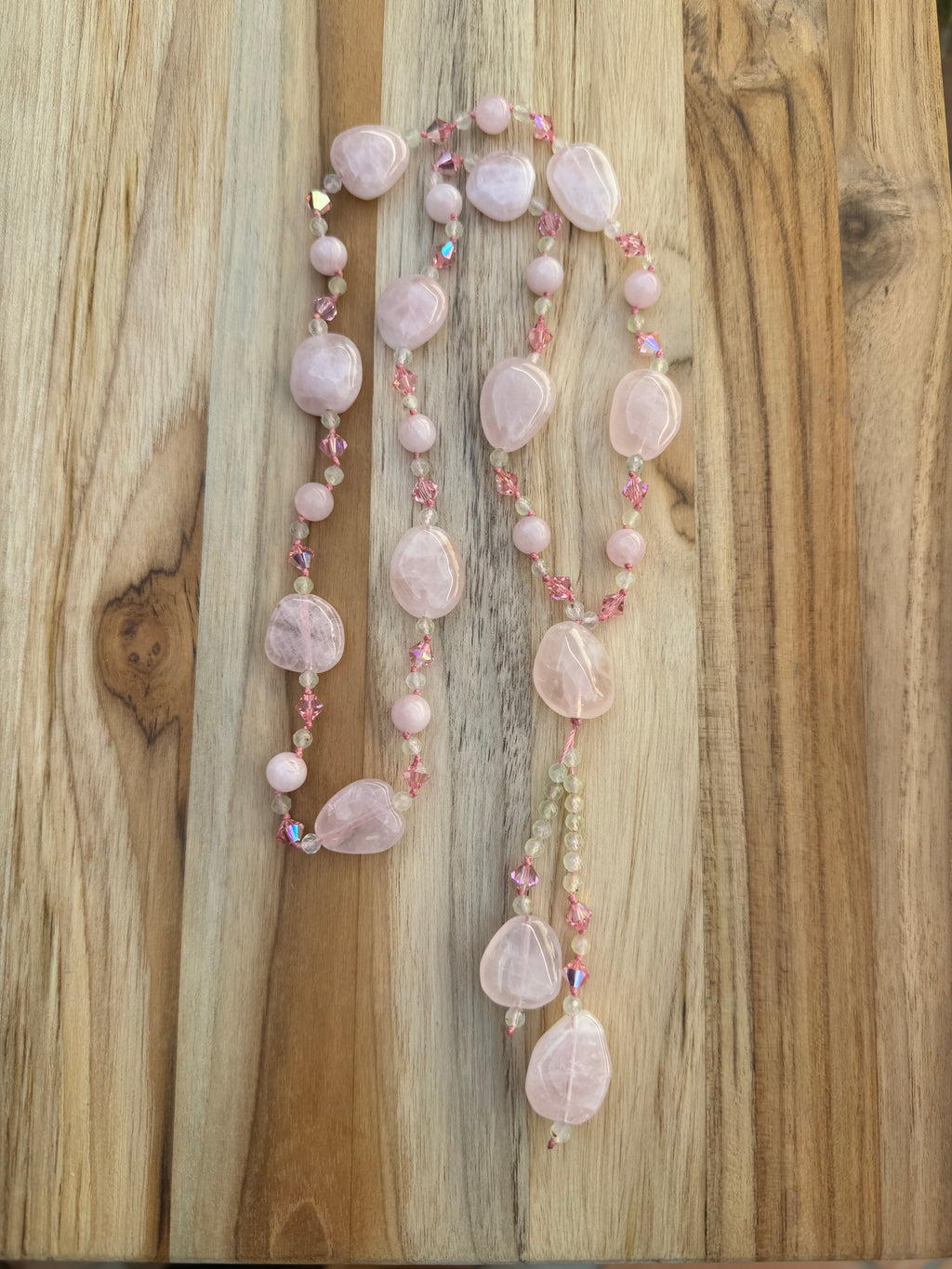 Long Beaded Pink Rose Quartz and Prehnite Dangle Necklace