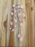 Long Beaded Pink Rose Quartz and Prehnite Dangle Necklace