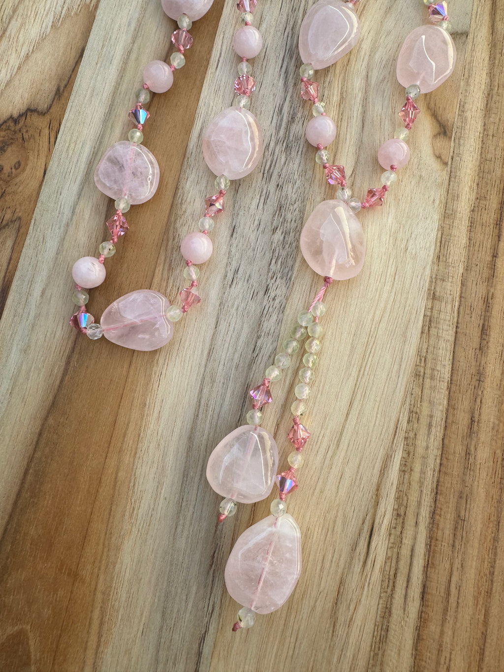 Long Beaded Pink Rose Quartz and Prehnite Dangle Necklace