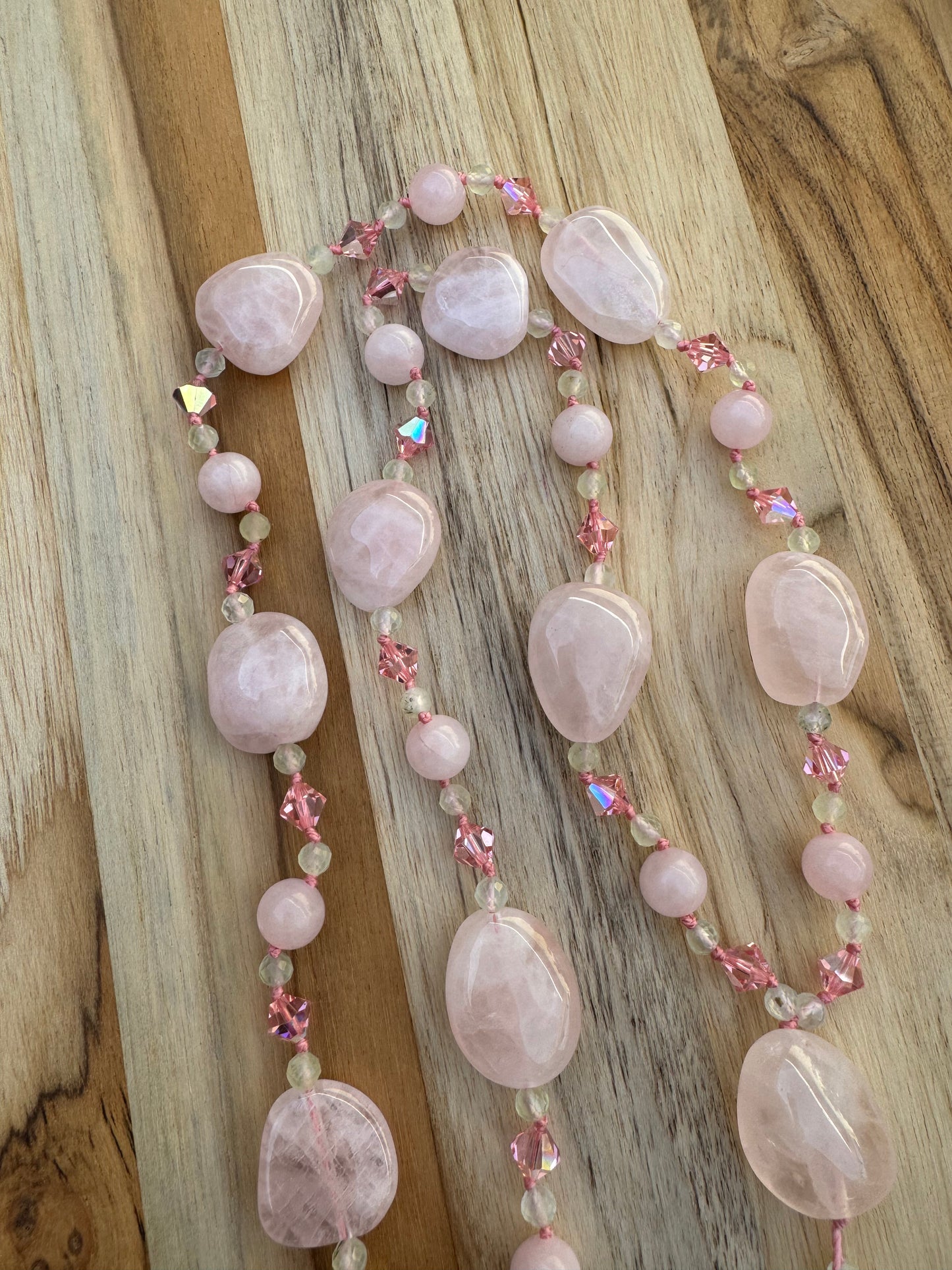 Long Beaded Pink Rose Quartz and Prehnite Dangle Necklace