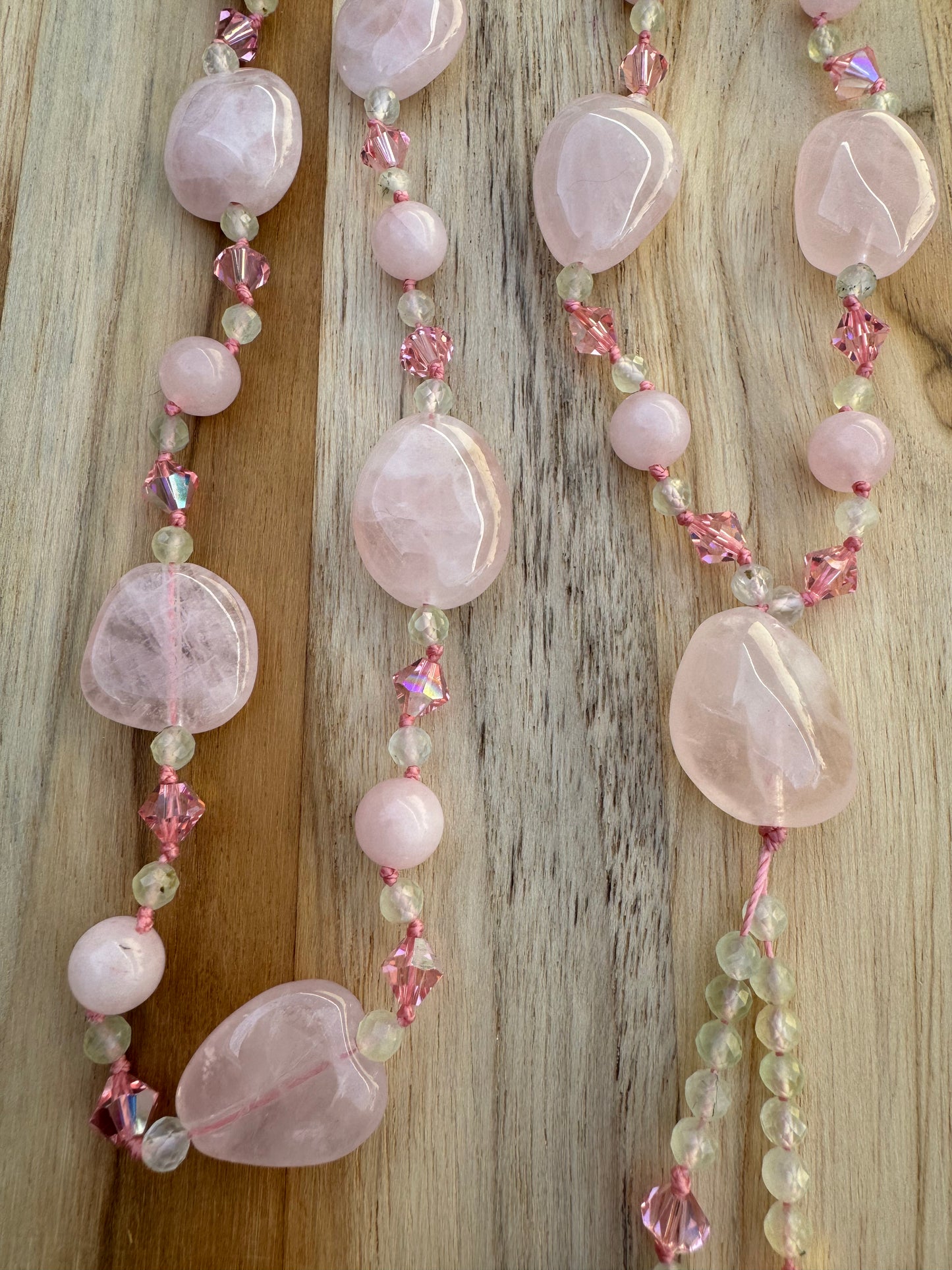 Long Beaded Pink Rose Quartz and Prehnite Dangle Necklace