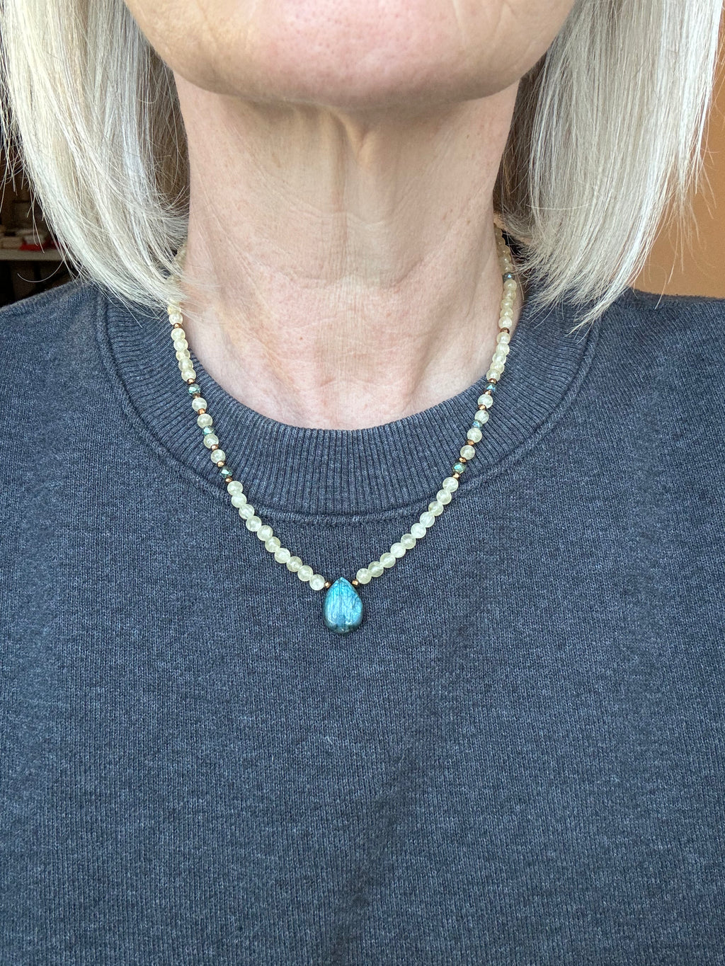 Dainty Labradorite Pendant Necklace with Yellow Selenite And Crystal Beads