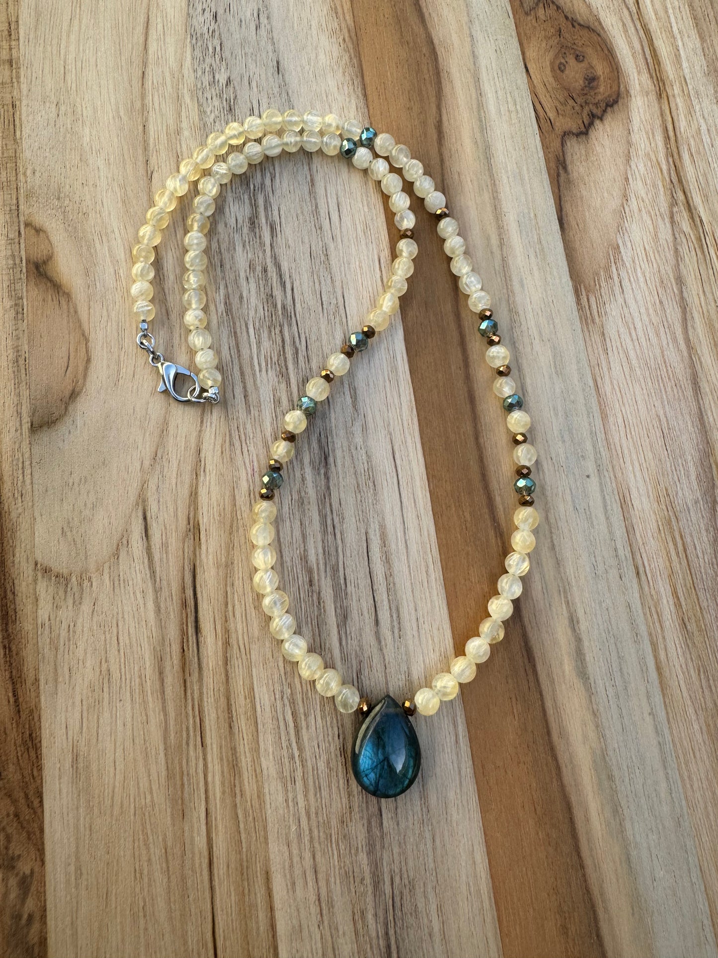 Dainty Labradorite Pendant Necklace with Yellow Selenite And Crystal Beads