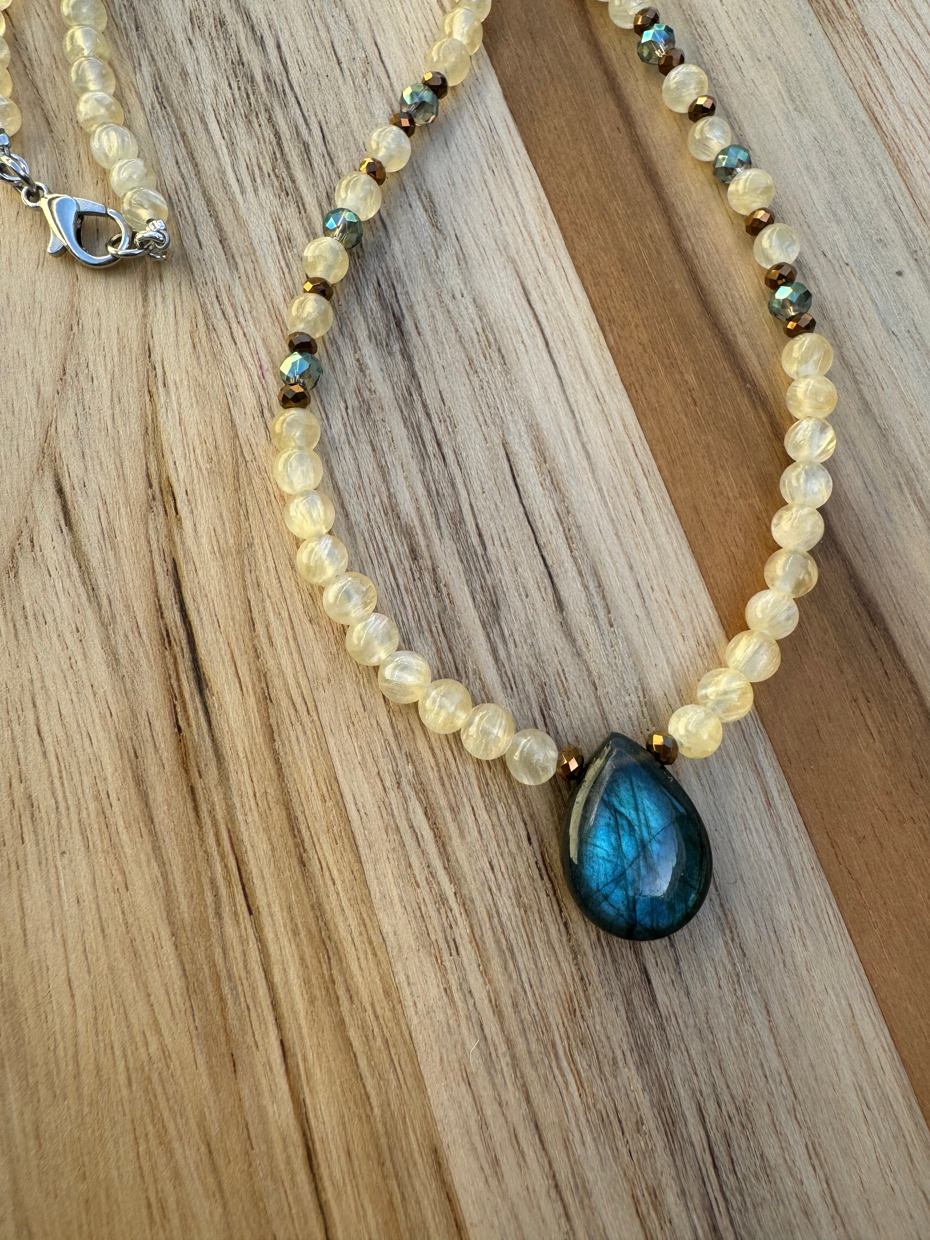 Dainty Labradorite Pendant Necklace with Yellow Selenite And Crystal Beads