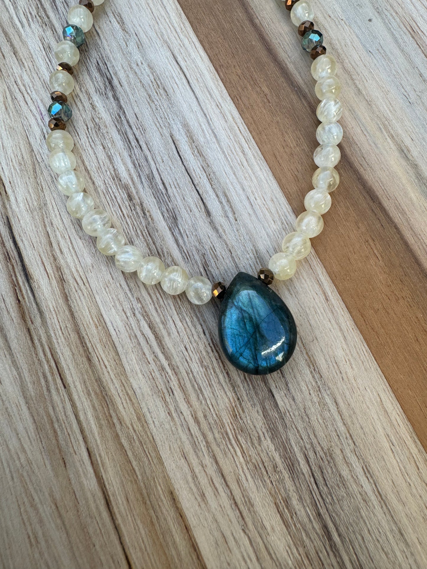 Dainty Labradorite Pendant Necklace with Yellow Selenite And Crystal Beads