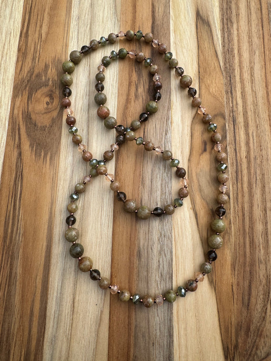 Long Autumn Jasper and Crystal Glass Beaded Necklace