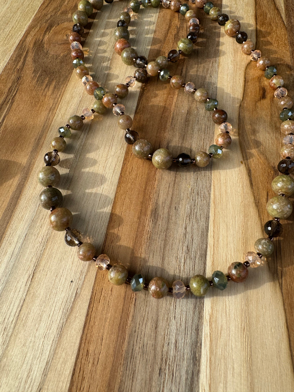 Long Autumn Jasper and Crystal Glass Beaded Necklace