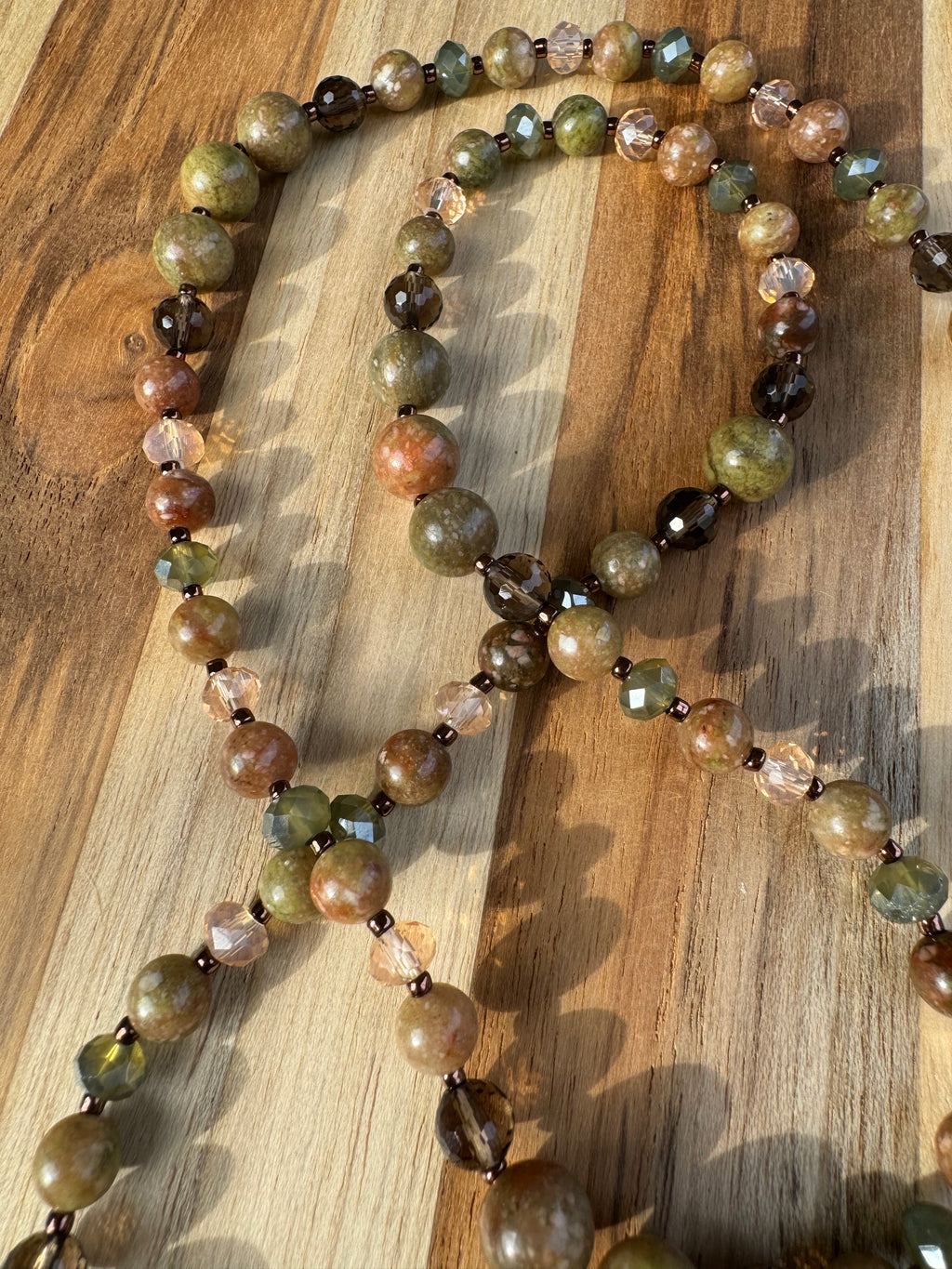 Long Autumn Jasper and Crystal Glass Beaded Necklace