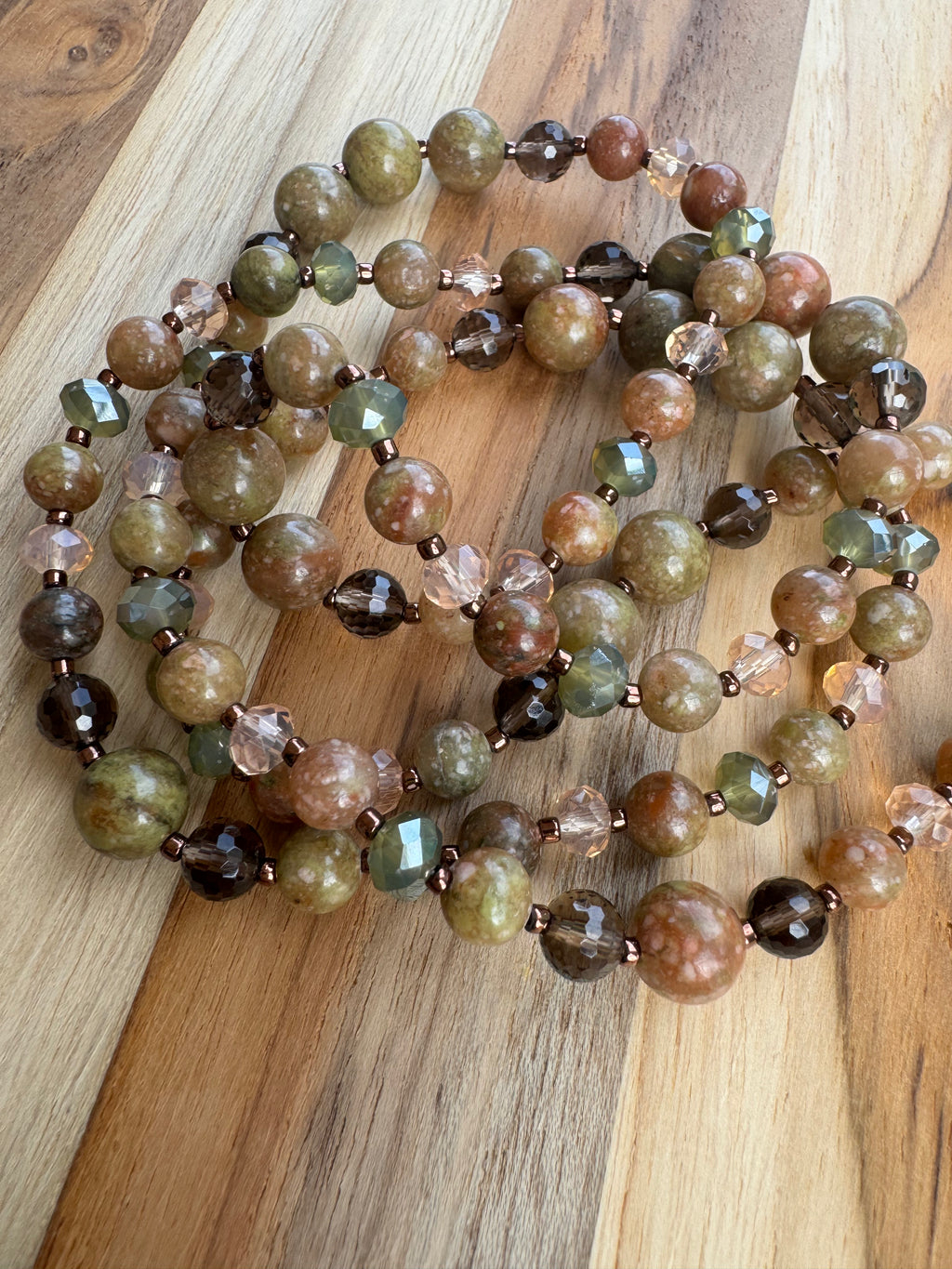 Long Autumn Jasper and Crystal Glass Beaded Necklace