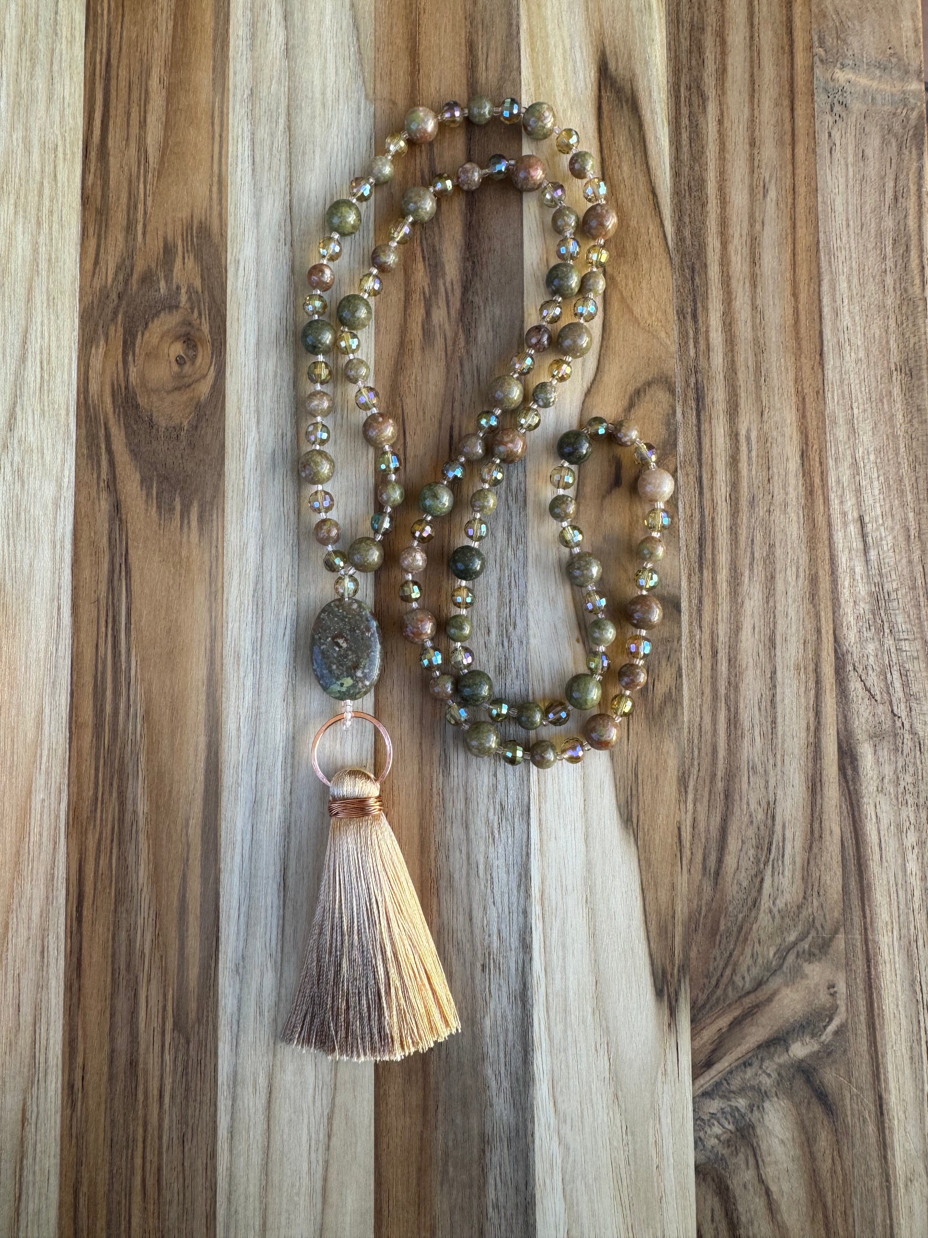 Long Autumn Jasper and Crystal Glass Beaded Tassel Necklace