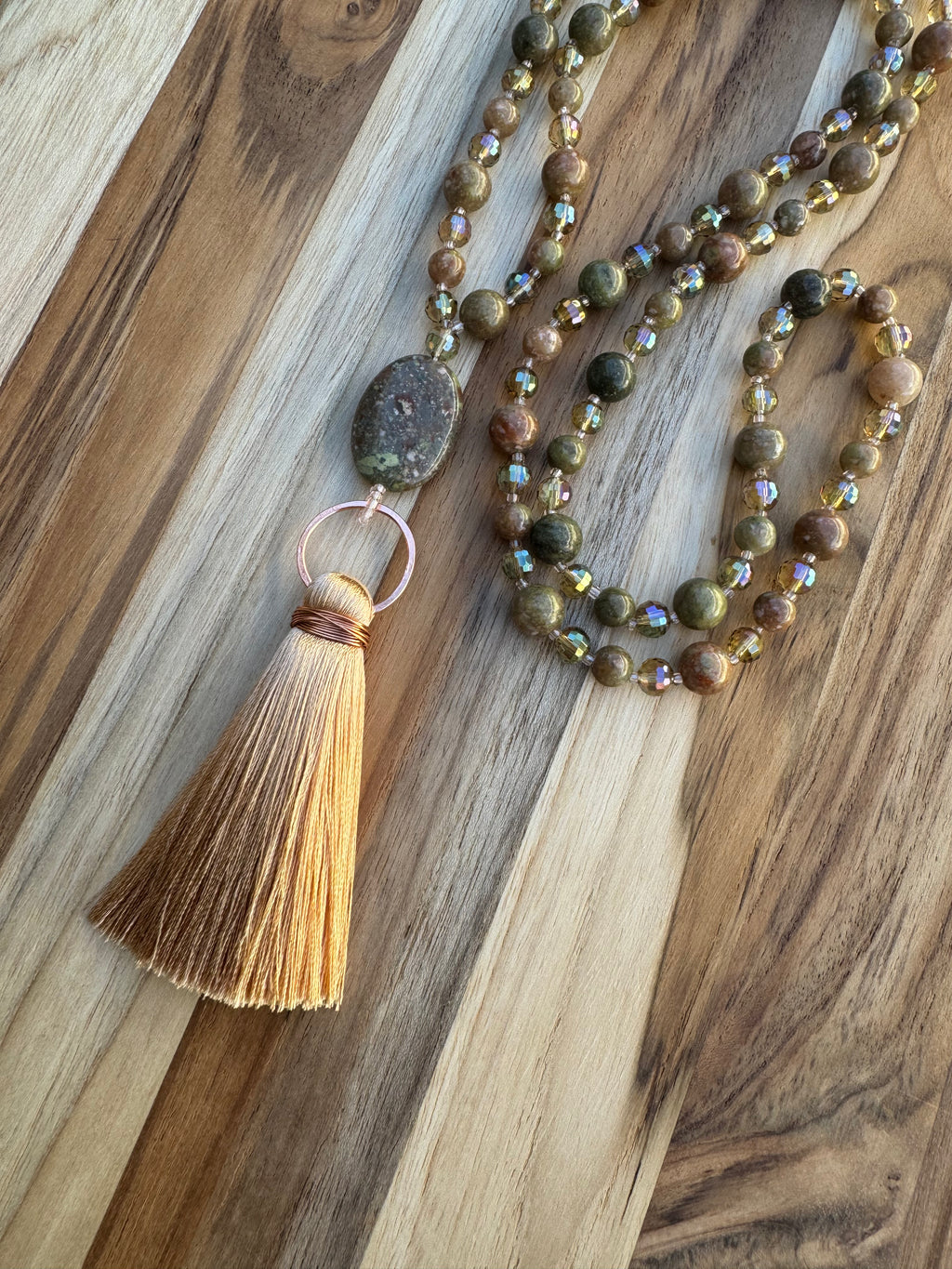 Long Autumn Jasper and Crystal Glass Beaded Tassel Necklace