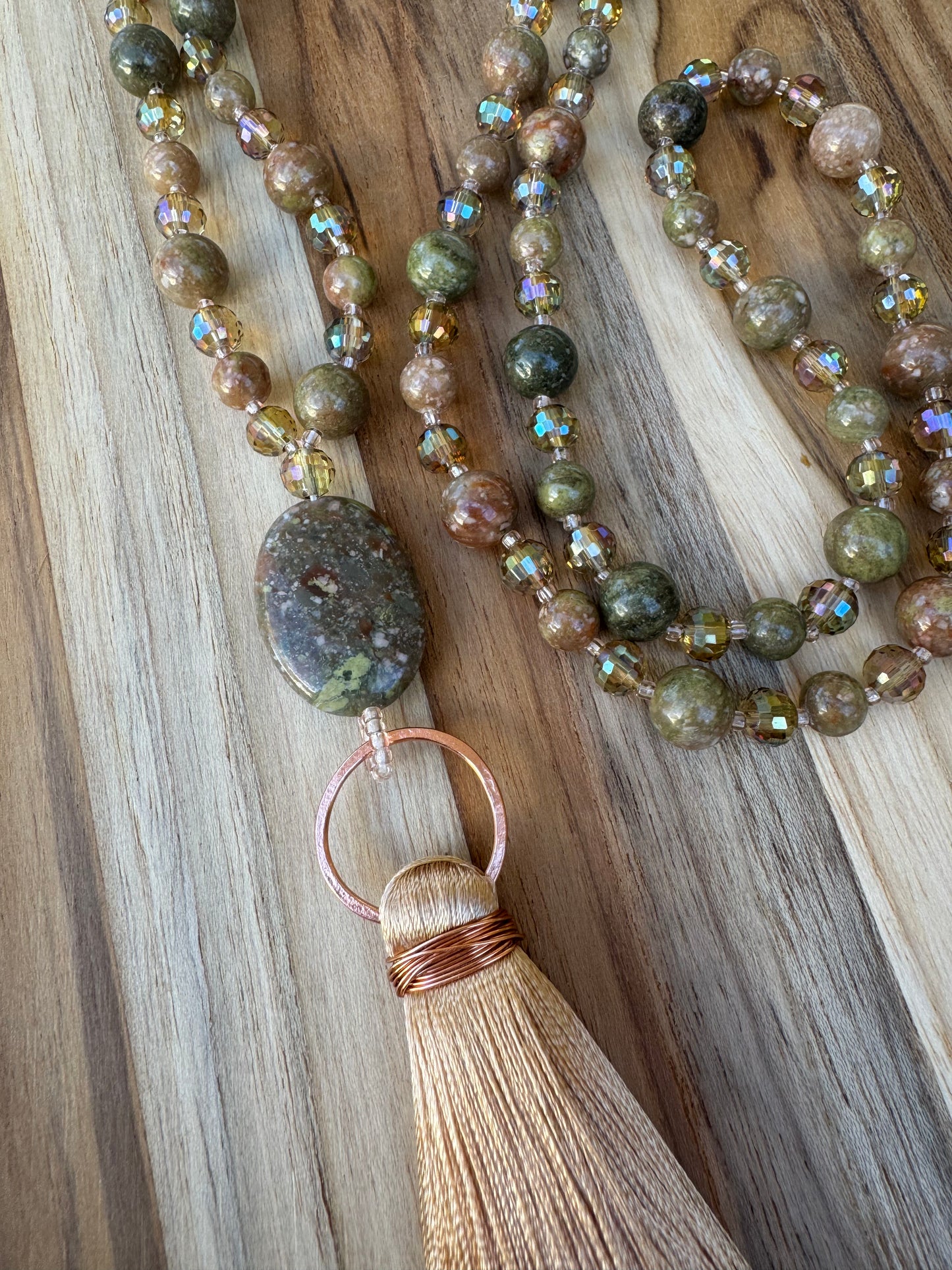 Long Autumn Jasper and Crystal Glass Beaded Tassel Necklace