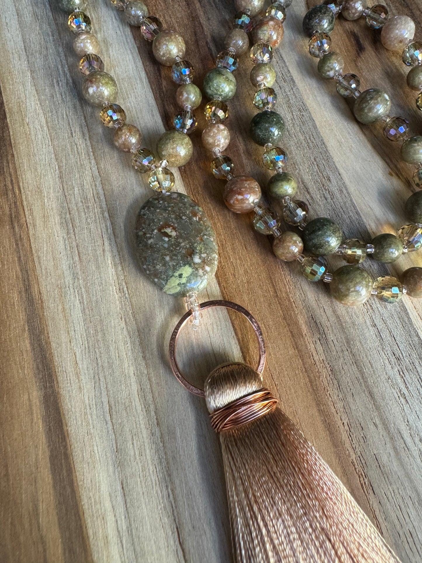 Long Autumn Jasper and Crystal Glass Beaded Tassel Necklace