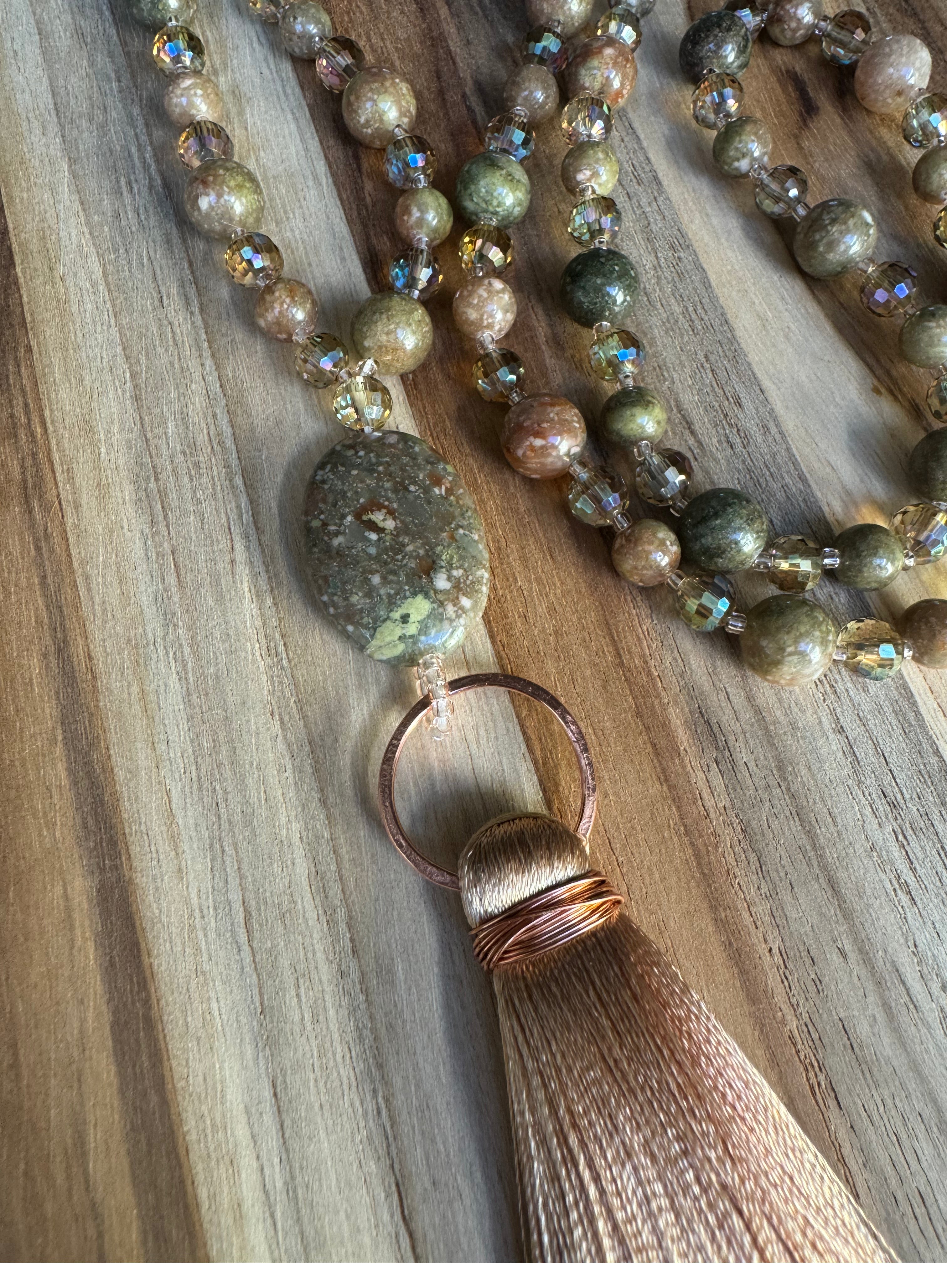 Long Autumn Jasper and Crystal Glass Beaded Tassel Necklace