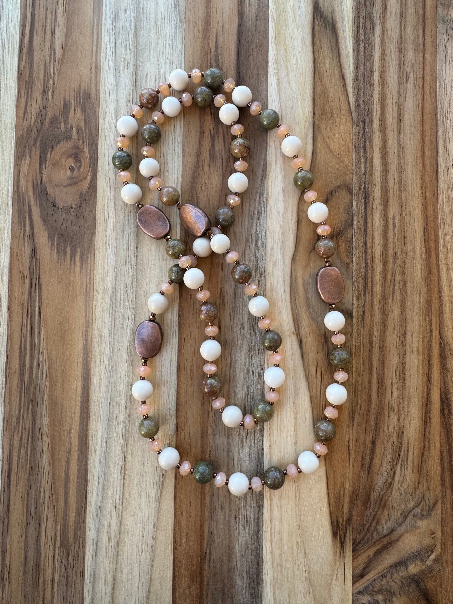 Long Autumn Jasper Riverstone and Crystal Glass Beaded Necklace