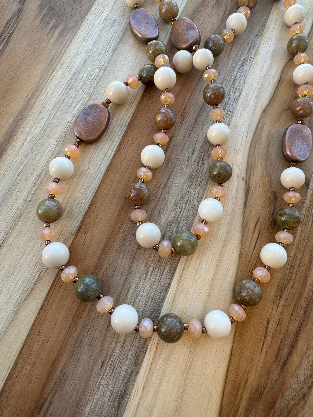 Long Autumn Jasper Riverstone and Crystal Glass Beaded Necklace