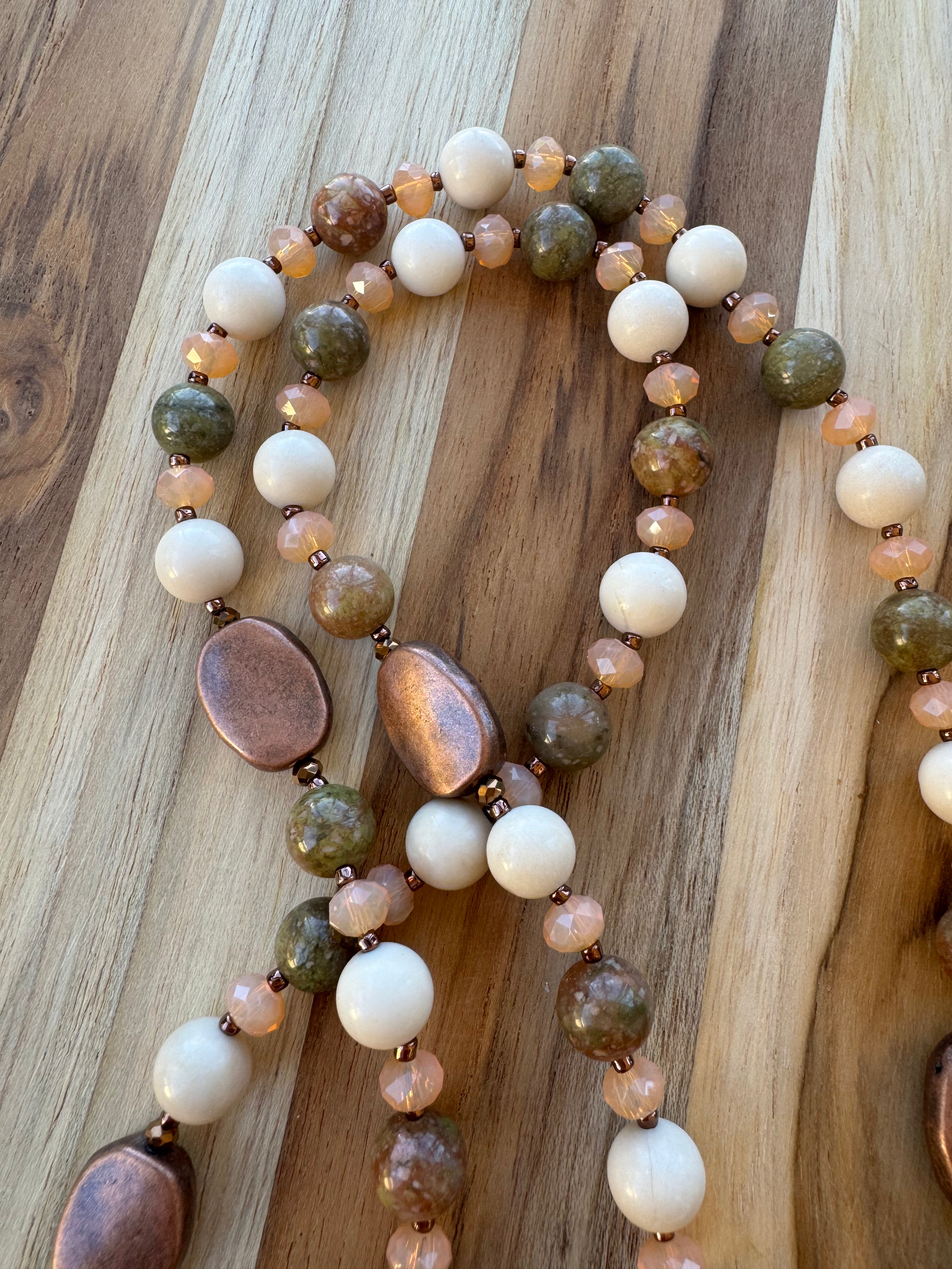 Long Autumn Jasper Riverstone and Crystal Glass Beaded Necklace