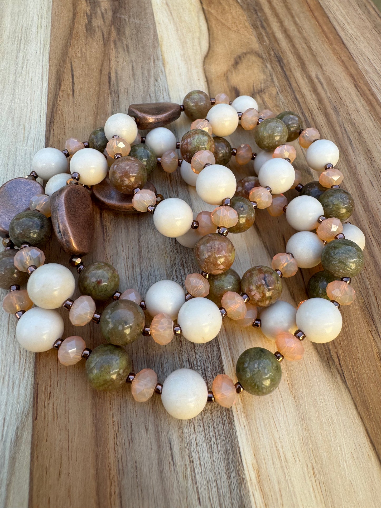 Long Autumn Jasper Riverstone and Crystal Glass Beaded Necklace