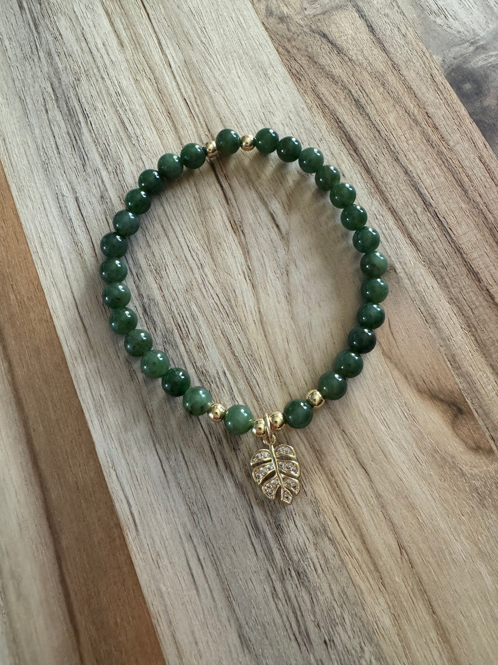 Dainty Nephrite Jade Stretch Bracelet with Gold Leaf Charm -My Urban Gems