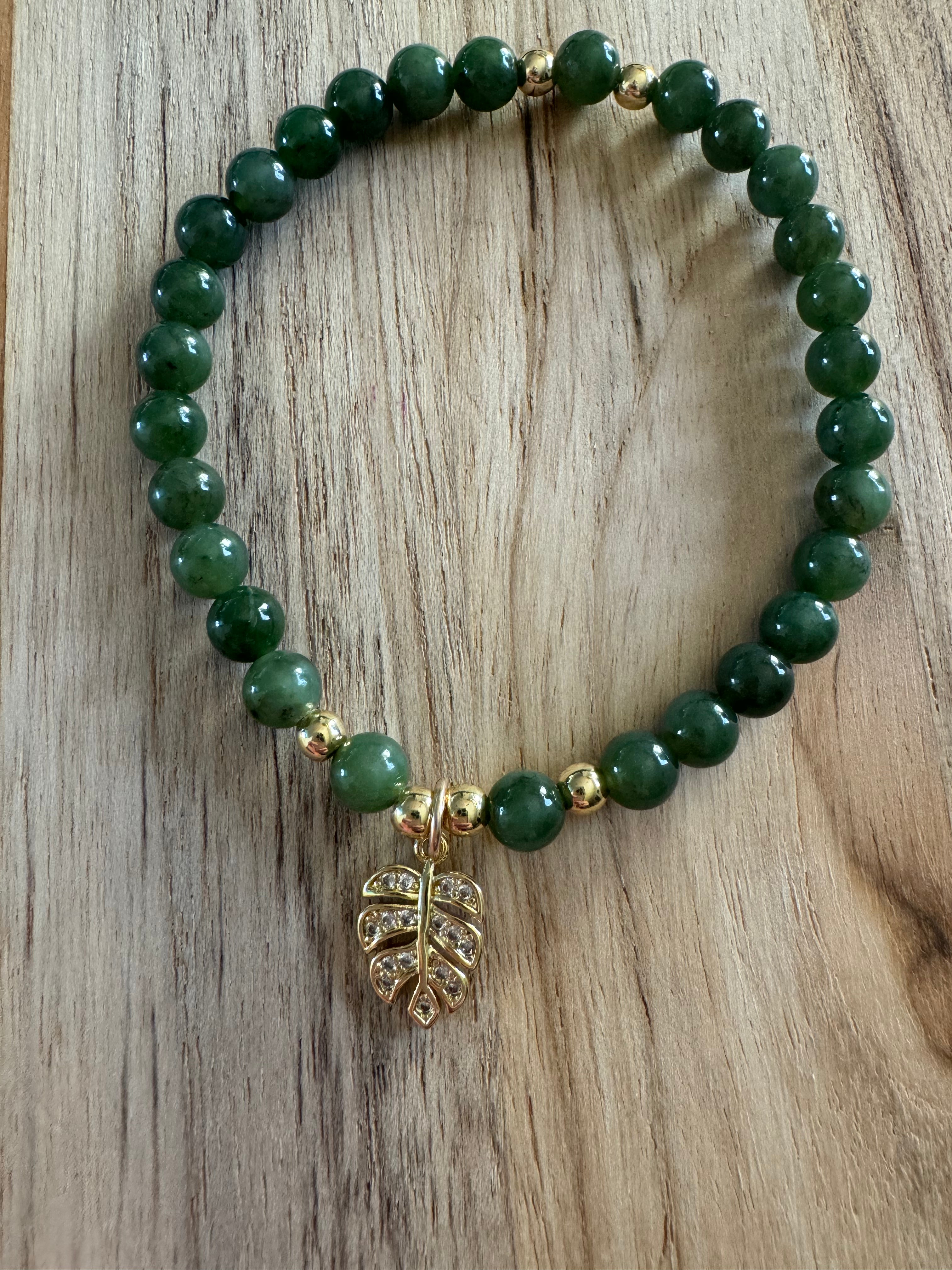 Dainty Nephrite Jade Stretch Bracelet with Gold Leaf Charm -My Urban Gems