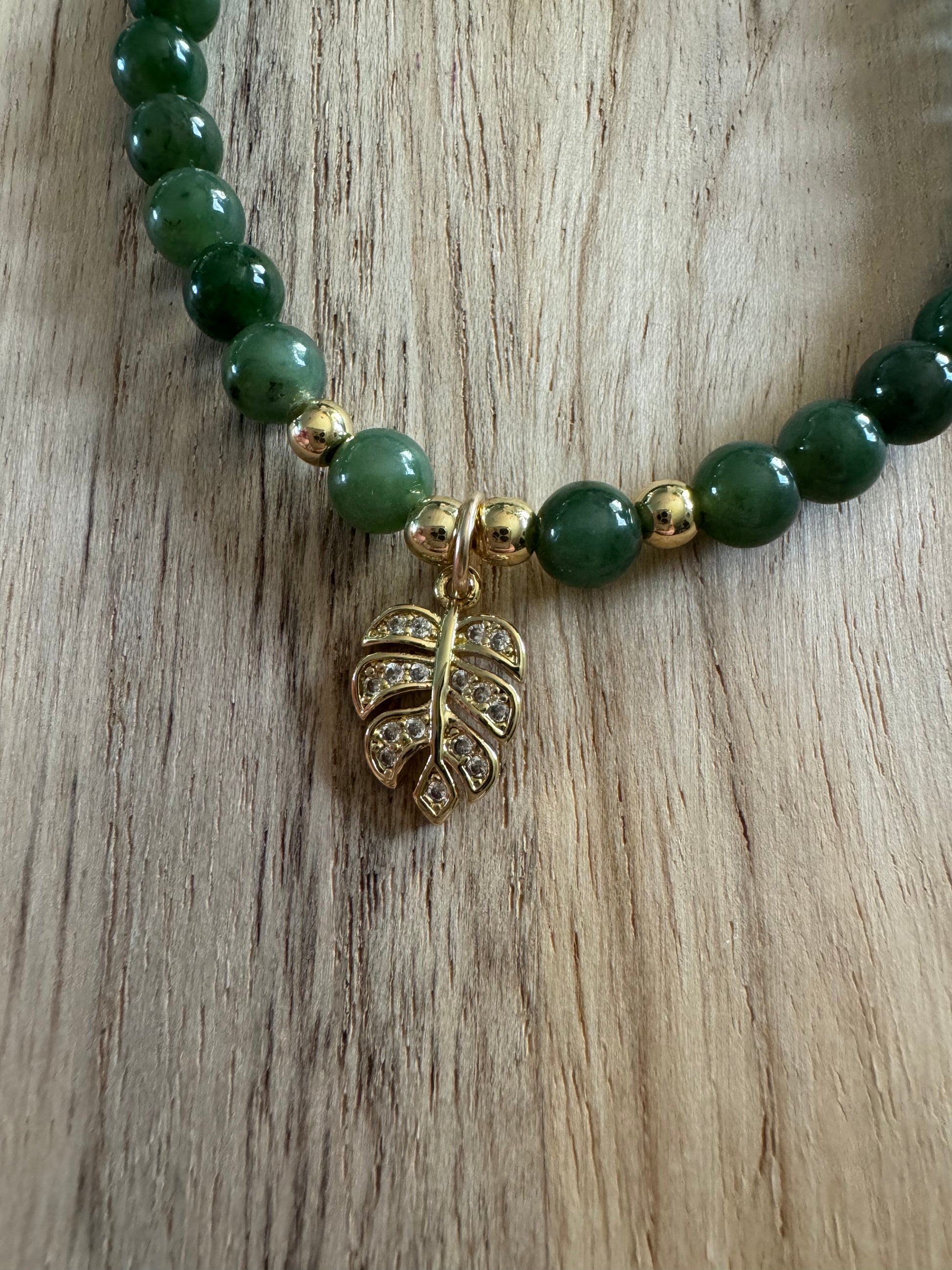 Dainty Nephrite Jade Stretch Bracelet with Gold Leaf Charm -My Urban Gems