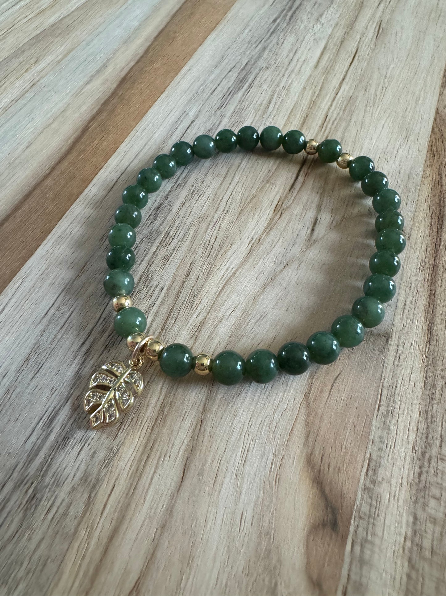 Dainty Nephrite Jade Stretch Bracelet with Gold Leaf Charm