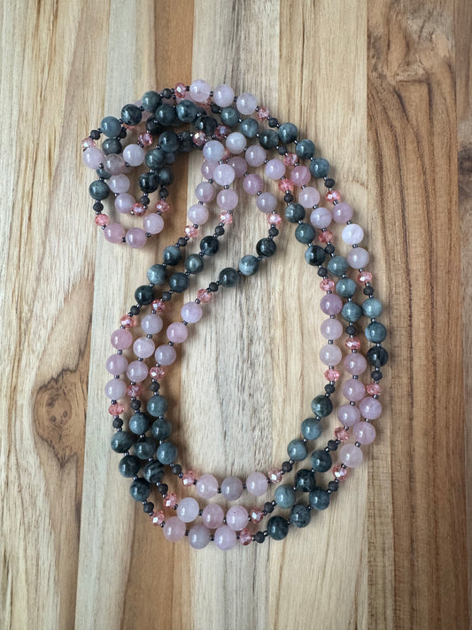 60" Extra long Wraparound Beaded Necklace with Eagle Eye Stone Madagascar Rose Quartz and Crystal Beads - My Urban Gems