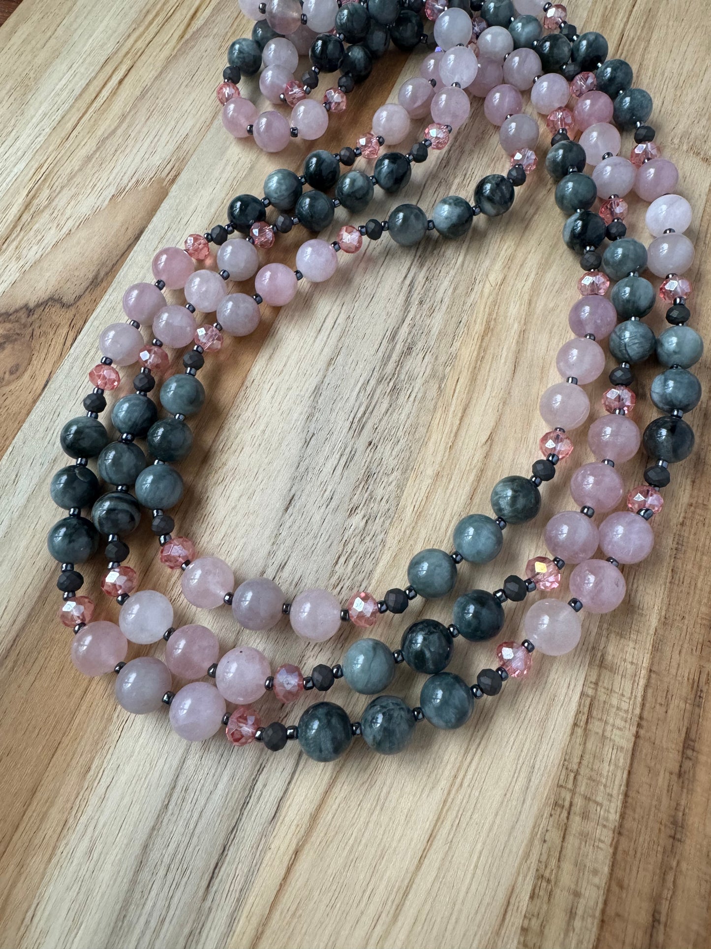 Extra long Wraparound Beaded Necklace with Eagle Eye Stone Madagascar Rose Quartz and Crystal Beads
