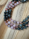 60" Extra long Wraparound Beaded Necklace with Eagle Eye Stone Madagascar Rose Quartz and Crystal Beads - My Urban Gems