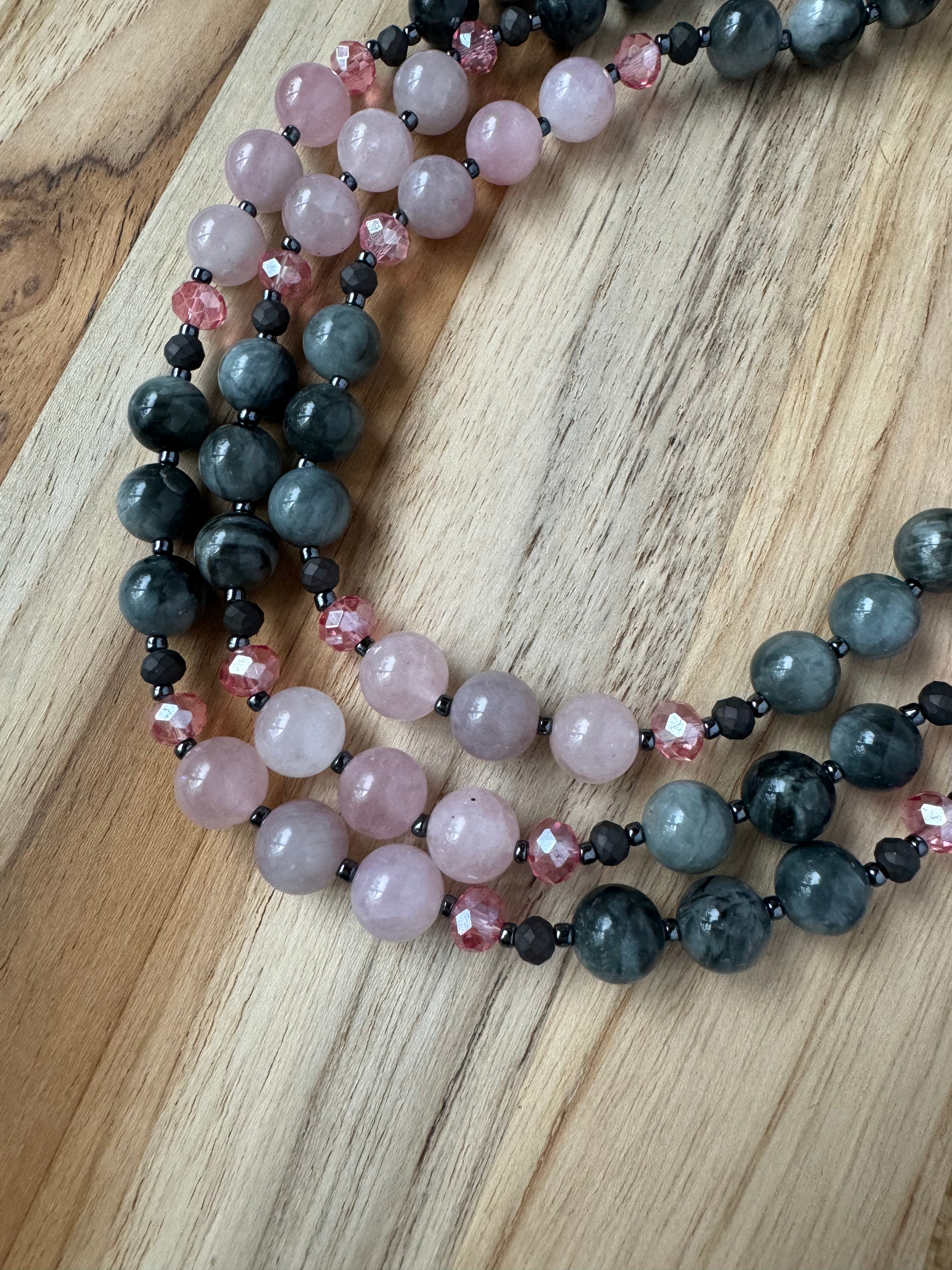 60" Extra long Wraparound Beaded Necklace with Eagle Eye Stone Madagascar Rose Quartz and Crystal Beads - My Urban Gems