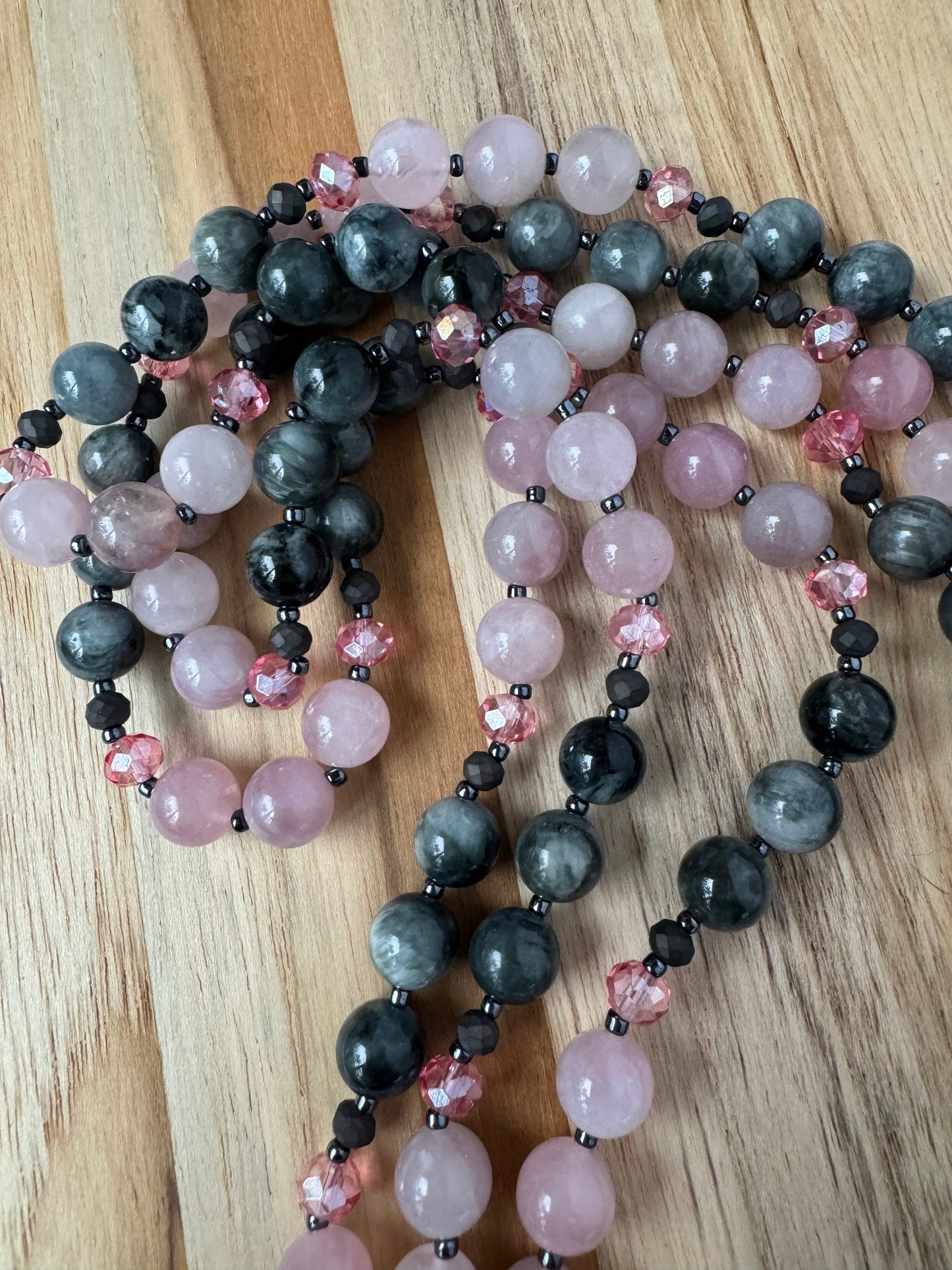 Extra long Wraparound Beaded Necklace with Eagle Eye Stone Madagascar Rose Quartz and Crystal Beads