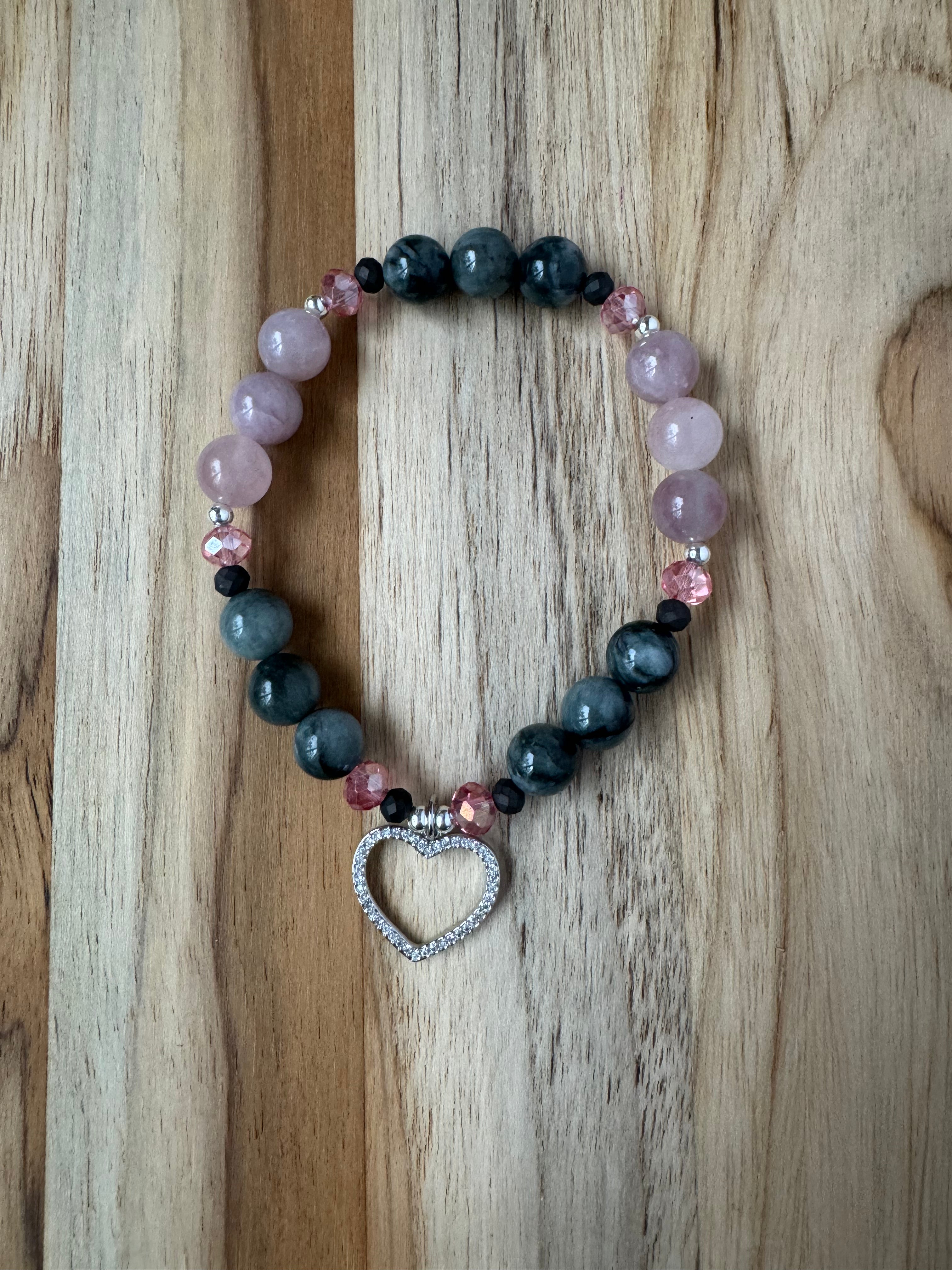 Eagle Eye Stone and Madagascar Rose Quartz Stretch Bracelet with Open Heart Charm - My Urban Gems
