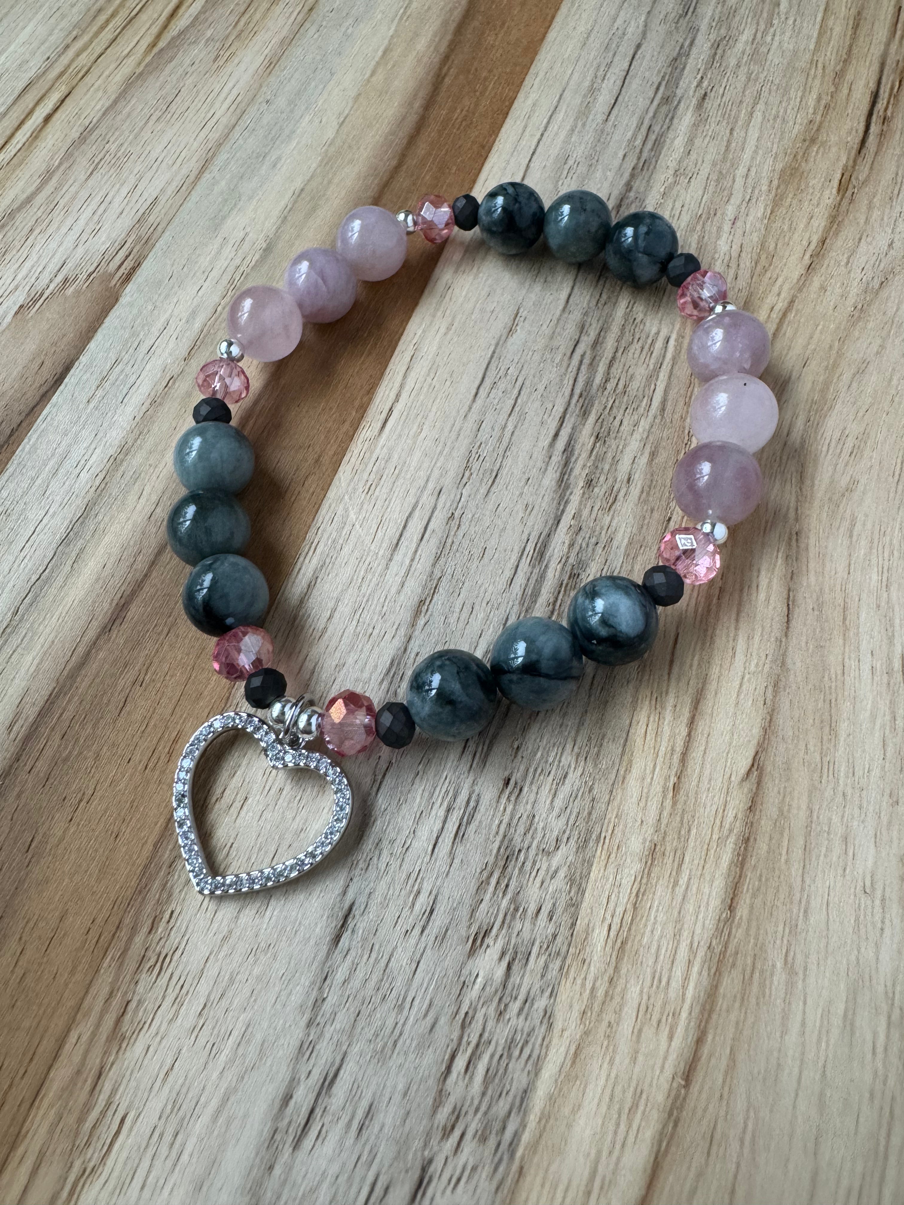 Eagle Eye Stone and Madagascar Rose Quartz Stretch Bracelet with Open Heart Charm - My Urban Gems