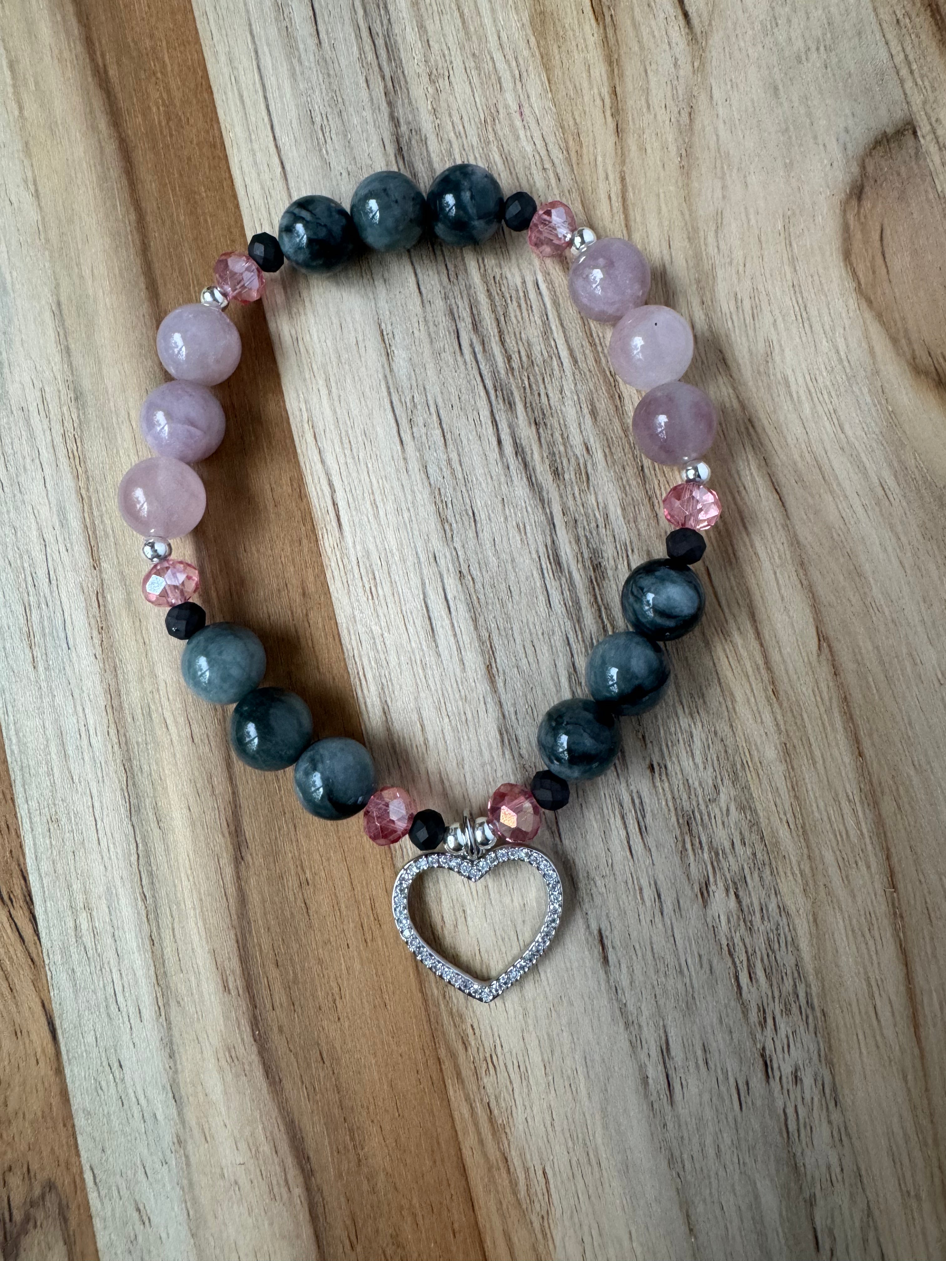 Eagle Eye Stone and Madagascar Rose Quartz Stretch Bracelet with Open Heart Charm - My Urban Gems