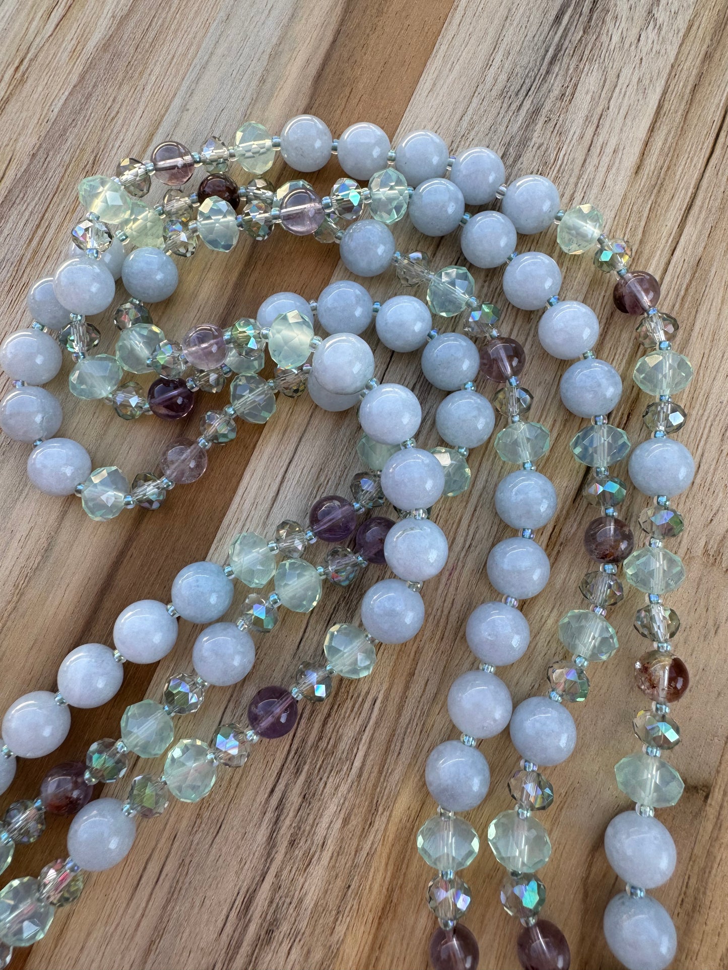 Extra Long Wraparound Beaded Necklace with Aquamarine Super 7 and Crystal Glass Beads